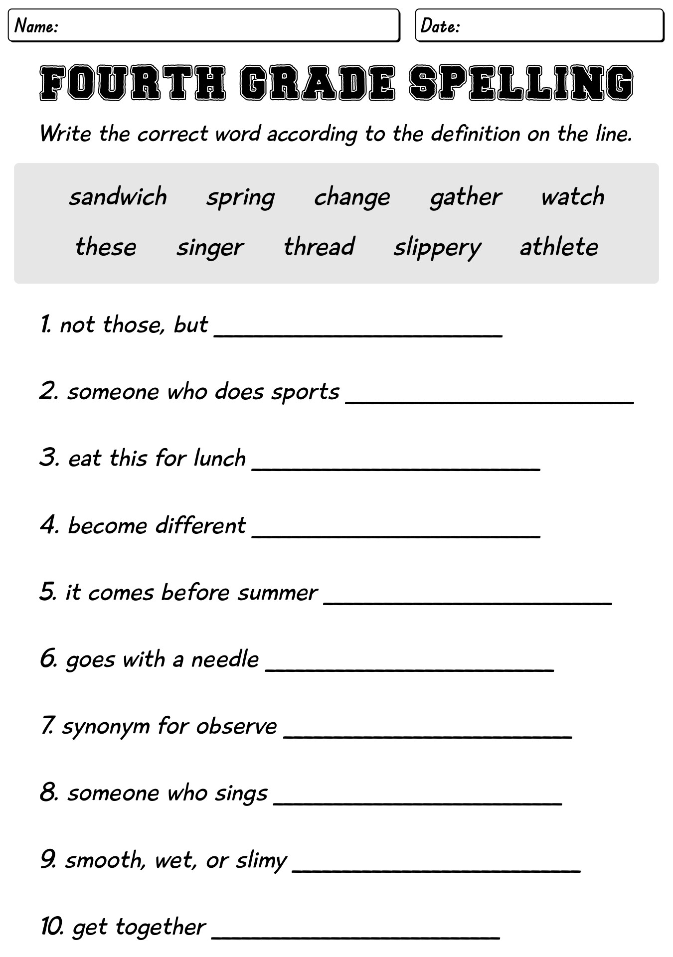 Fourth Grade Spelling Words Practice Worksheets