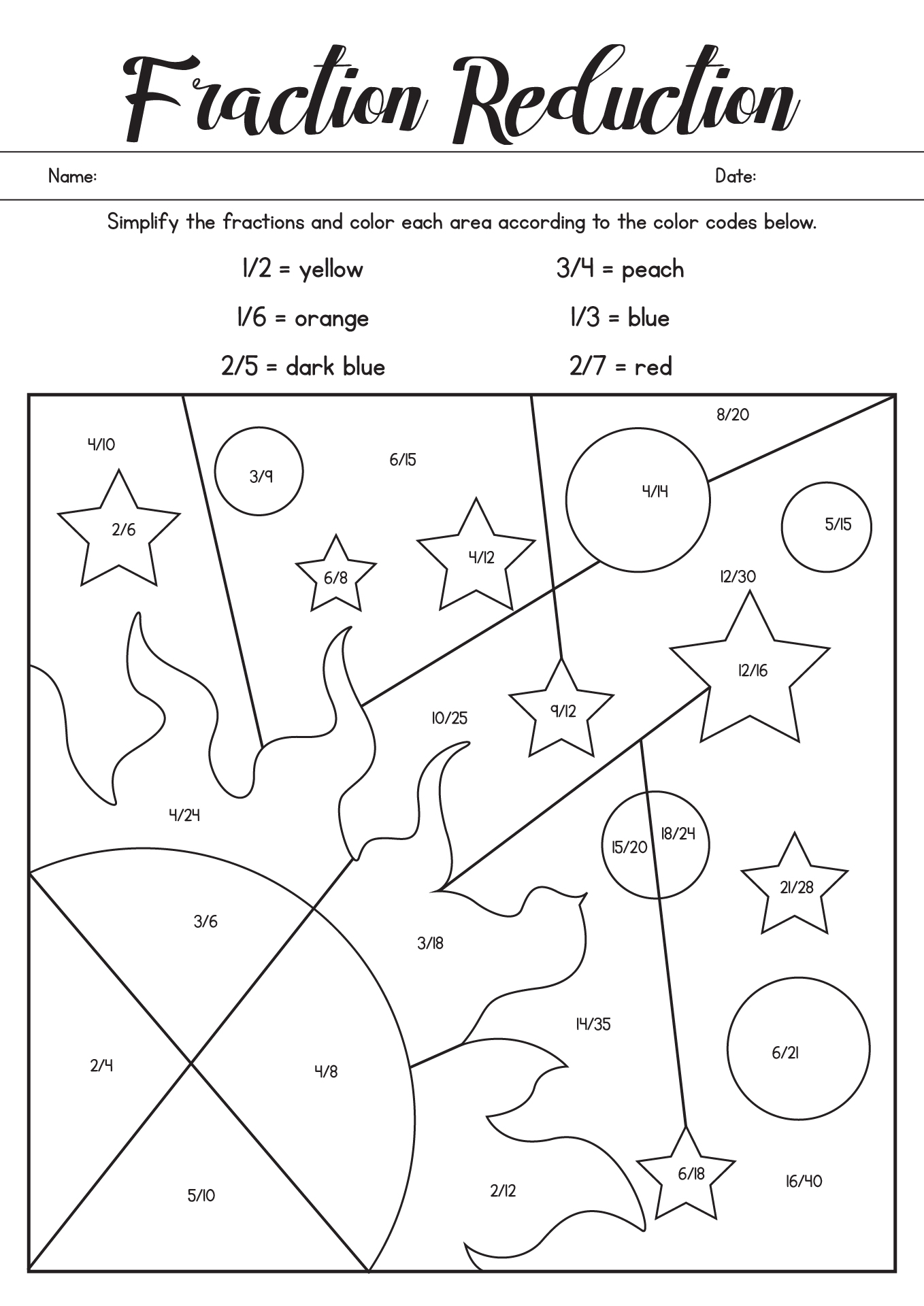 Fraction Reduction Coloring Practice Sheet