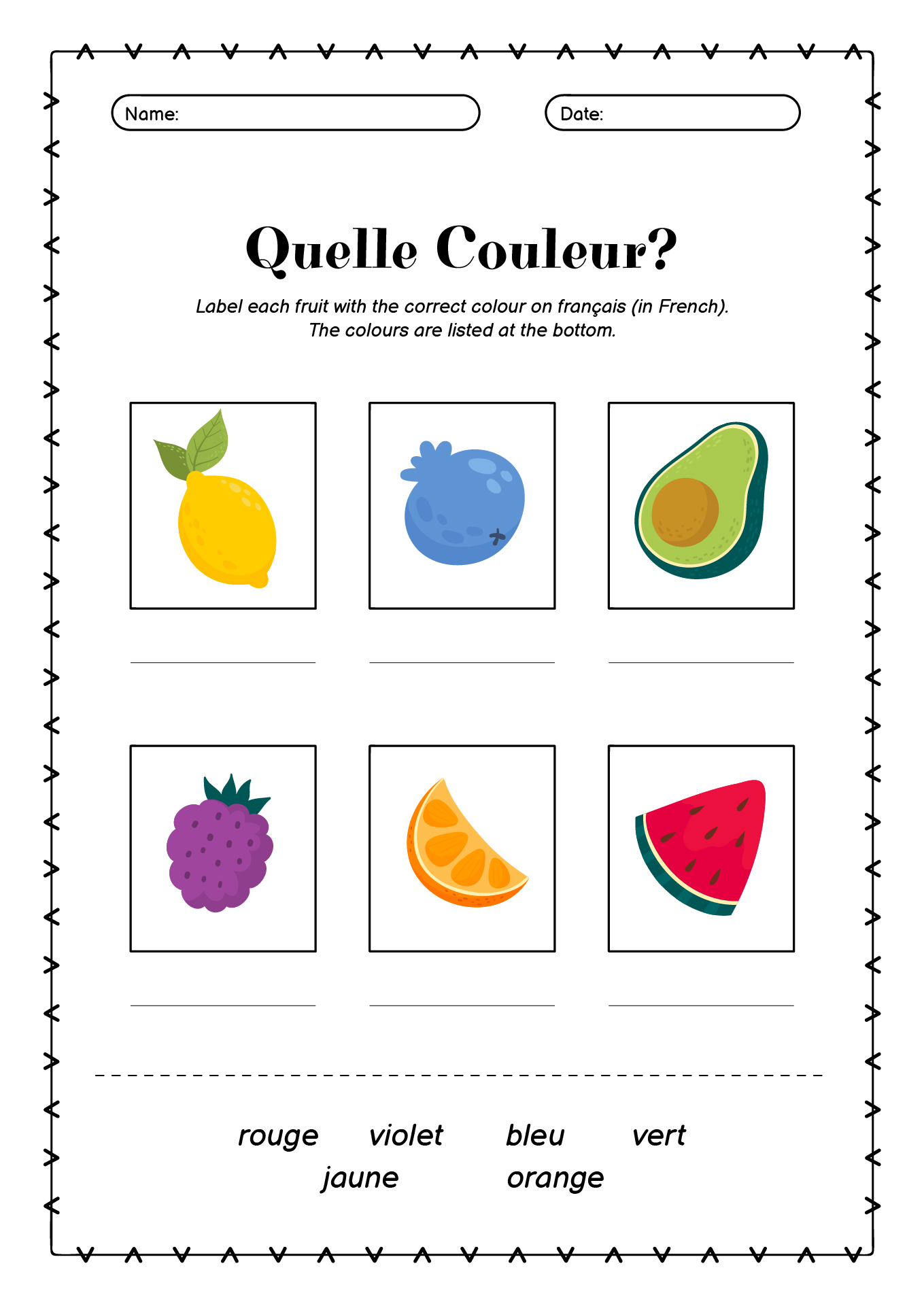 French Classroom Colors Labeling Worksheet