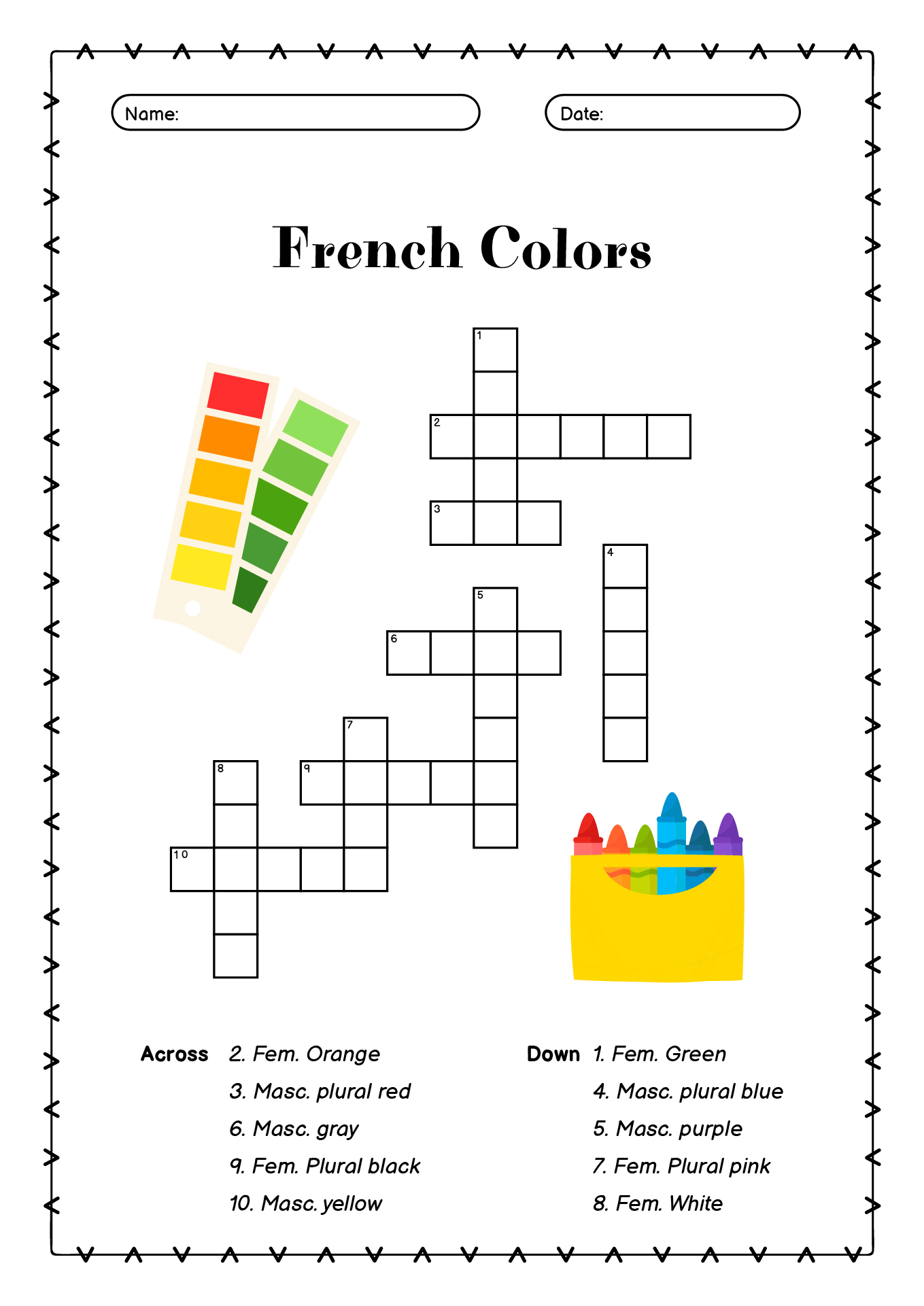 French Colors Crossword Puzzle Worksheet