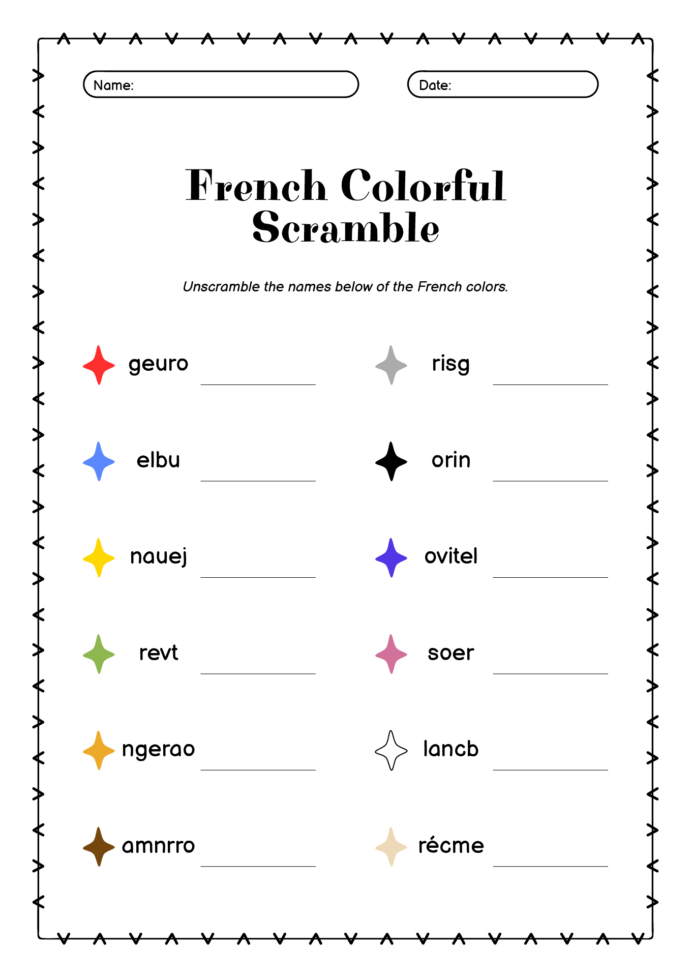 French Colors Word Scramble Activity Sheet