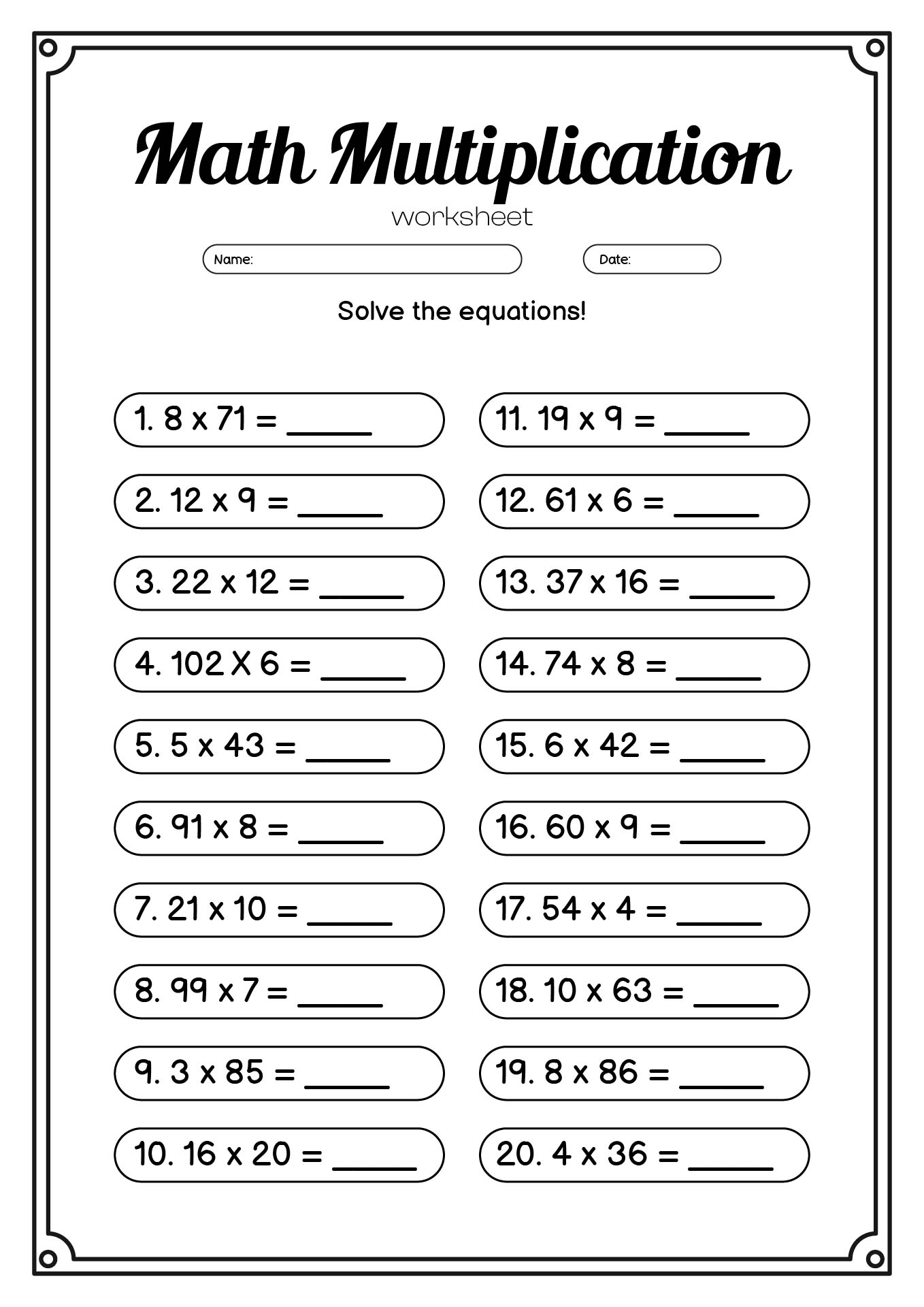 Grade 6 Math Multiplication Problems Worksheet