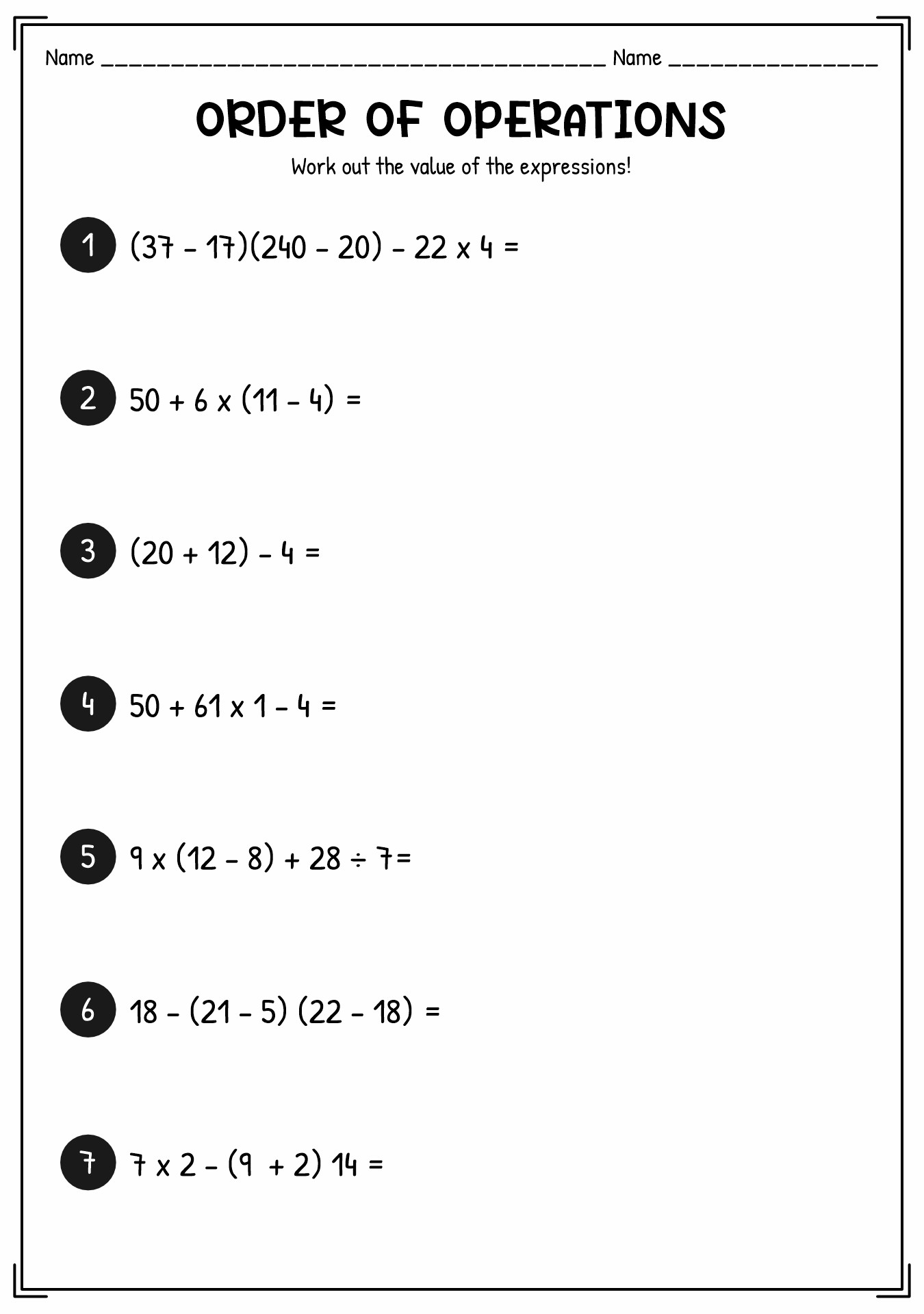 Grade 6 Math PEMDAS Test Preparation Worksheets