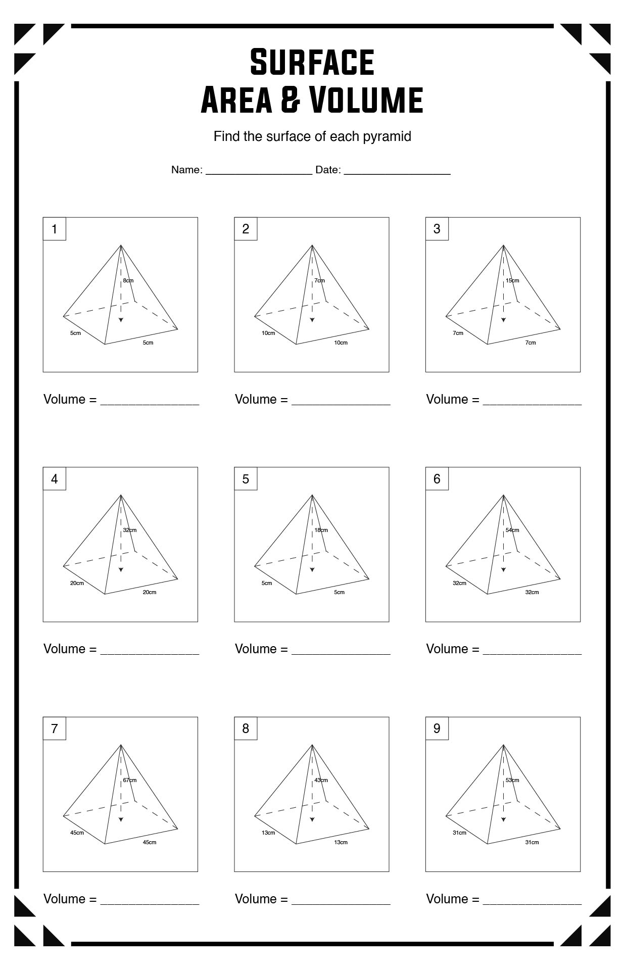 Grade 6 Volume and Surface Area Homework Sheets