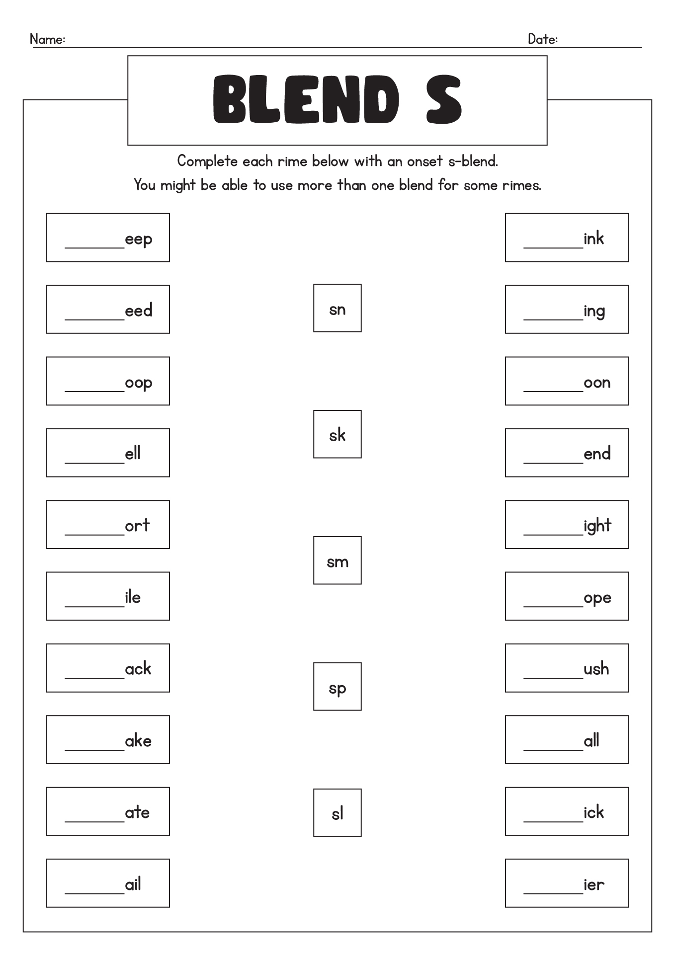 Graded S-Blend Exercises For First Grade Learners