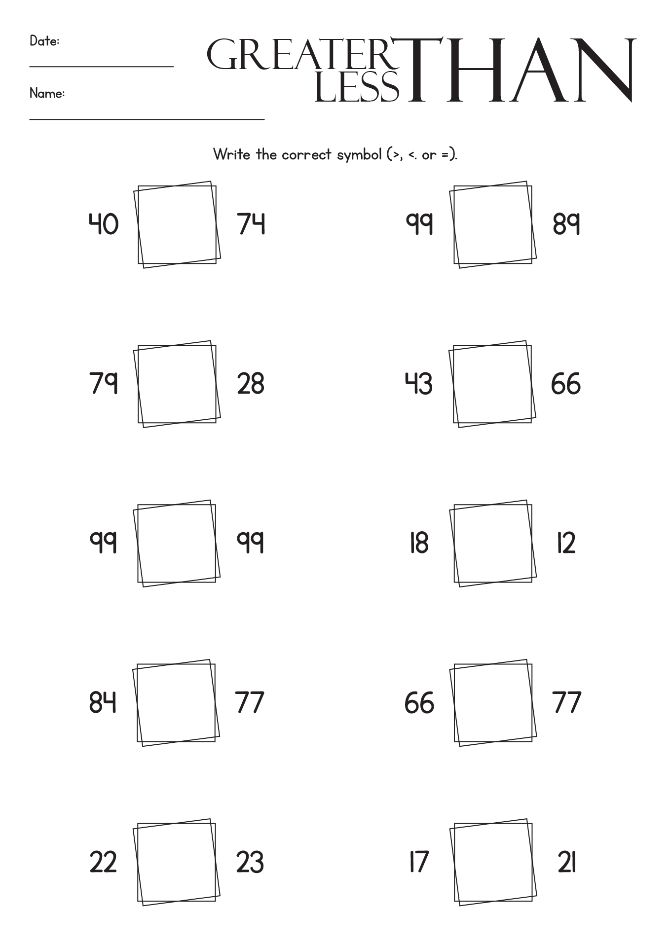 Greater Than Less Than Worksheets for 1st Graders