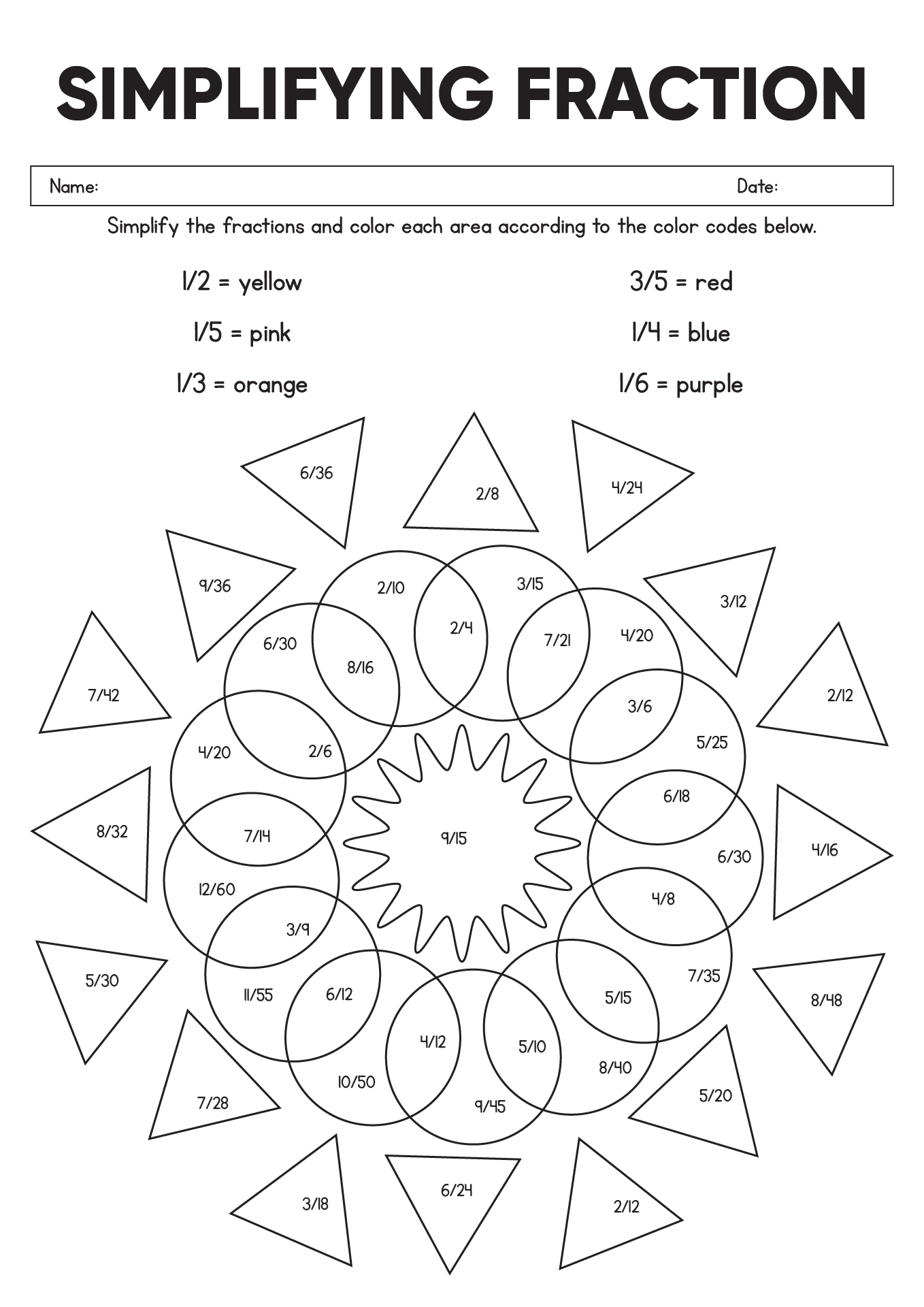 Interactive Fraction Simplification Coloring Exercise