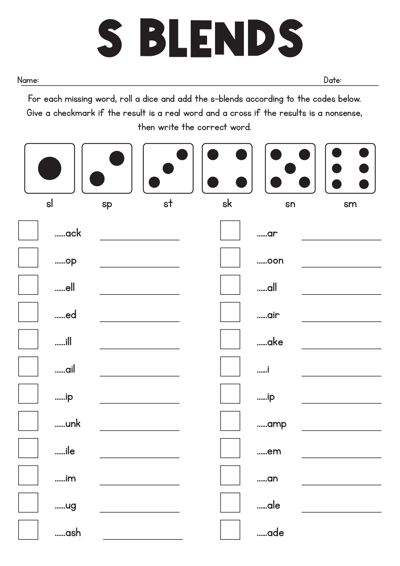 Interactive S-Blends Worksheets For 1st Grade Students