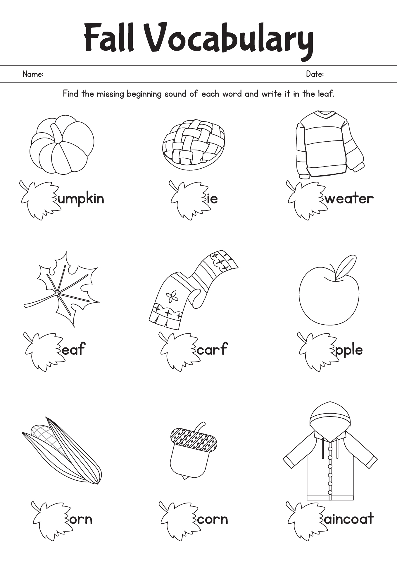 Kindergarten Phonics Worksheets Featuring Fall Vocabulary