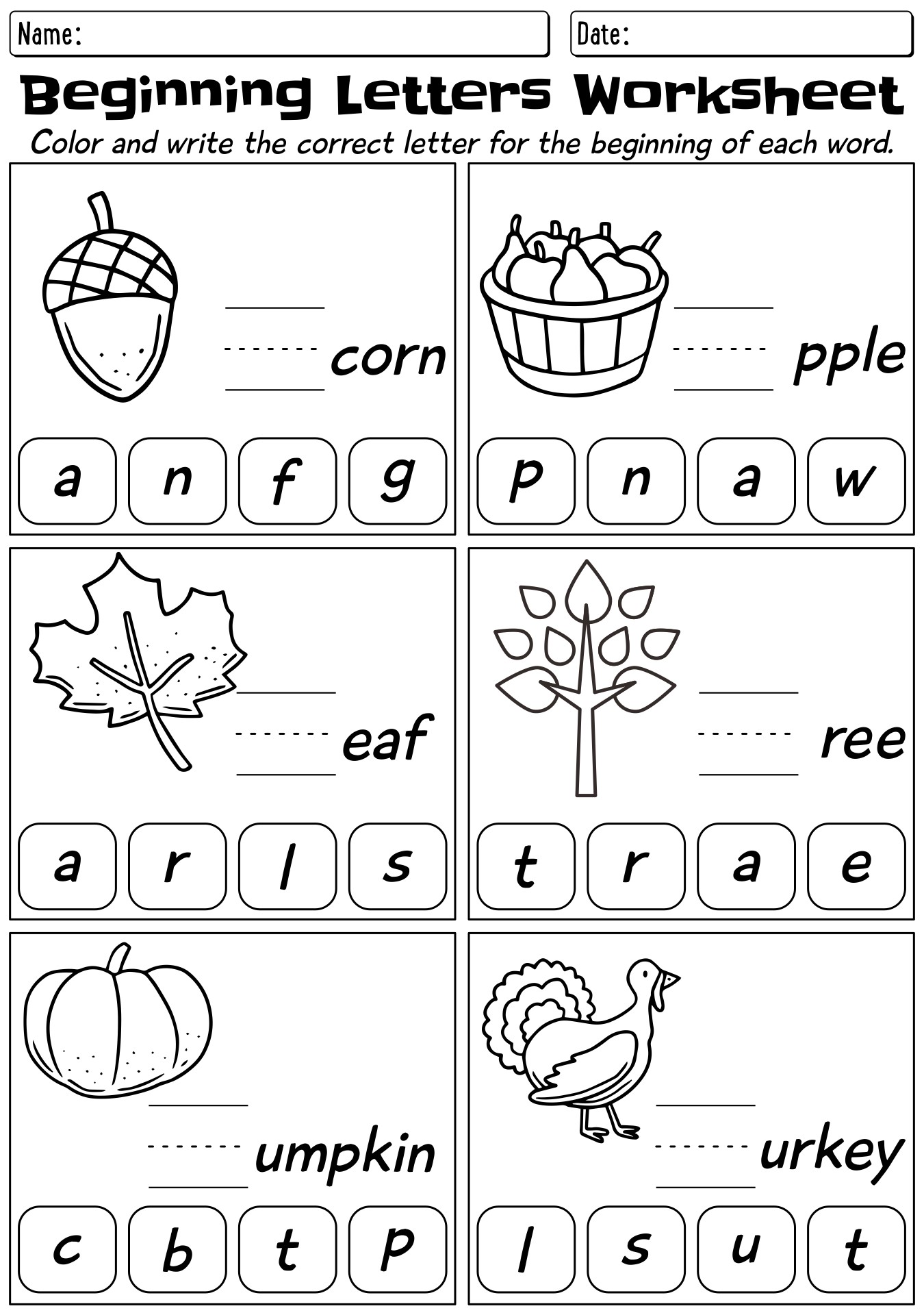 Kindergarten Phonics Worksheets With Fall Season Themes