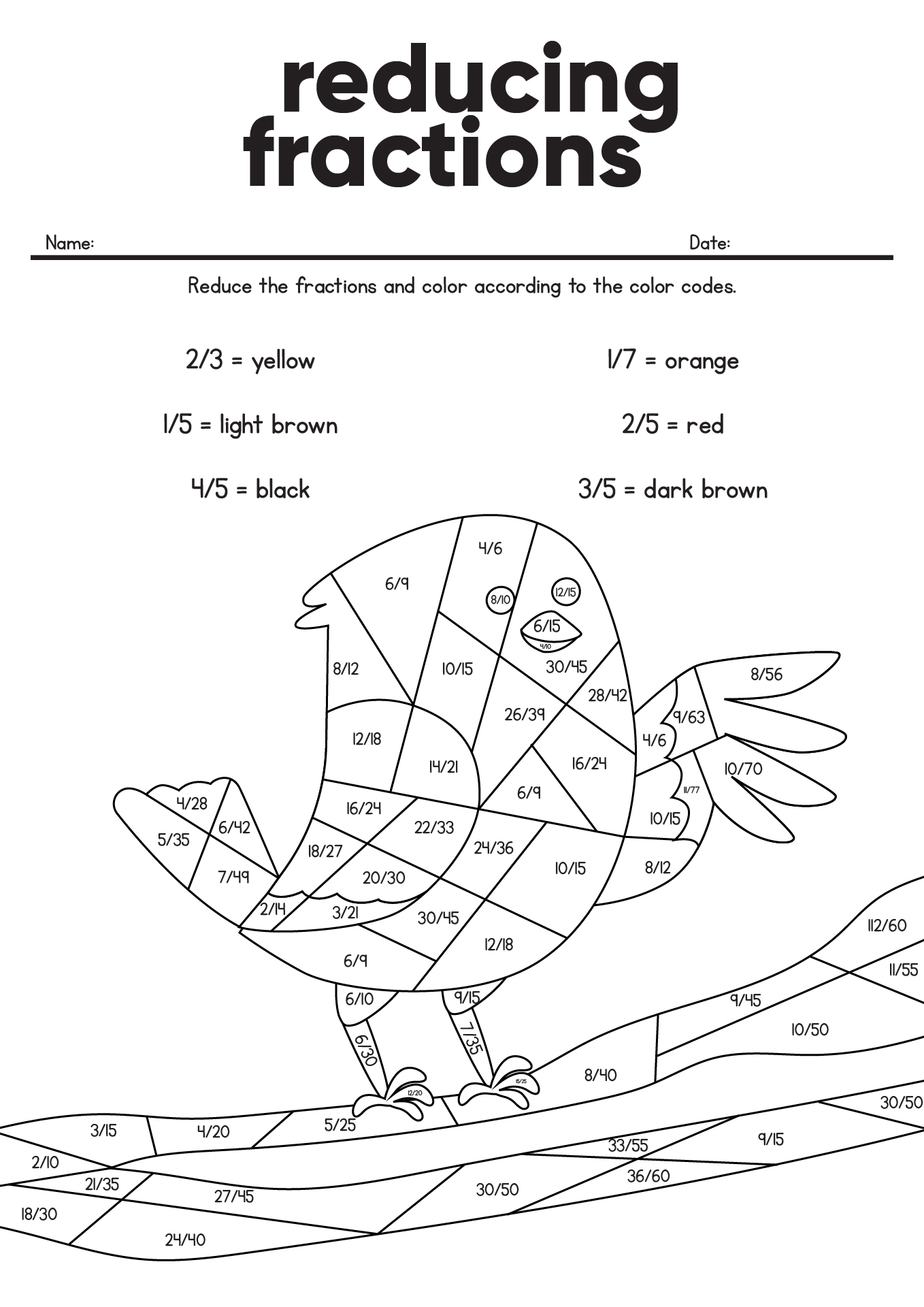 Math Coloring Worksheet On Reducing Fractions