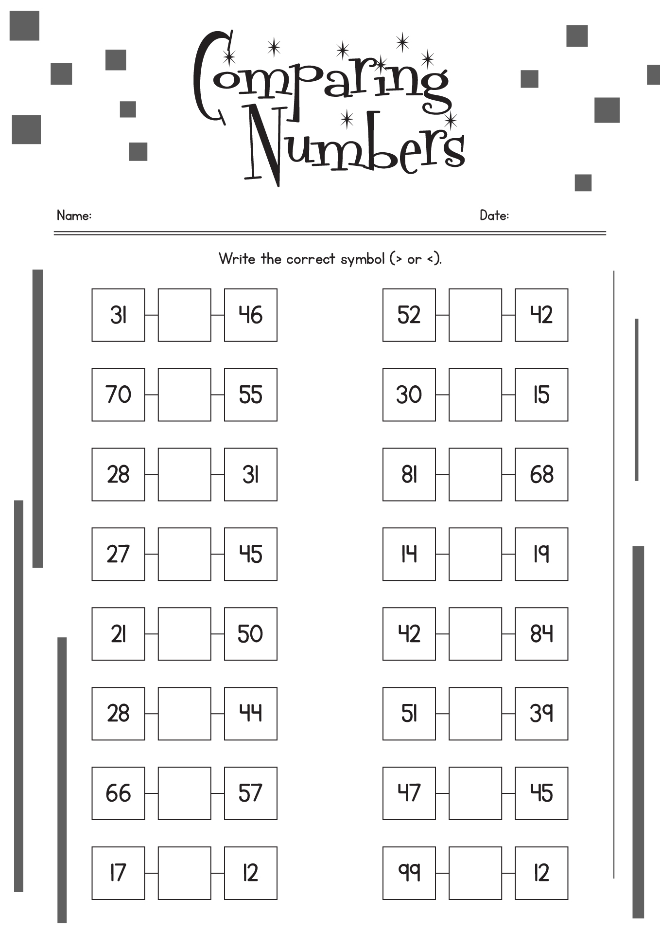 Math Worksheets on Greater and Less Than for 1st Grade