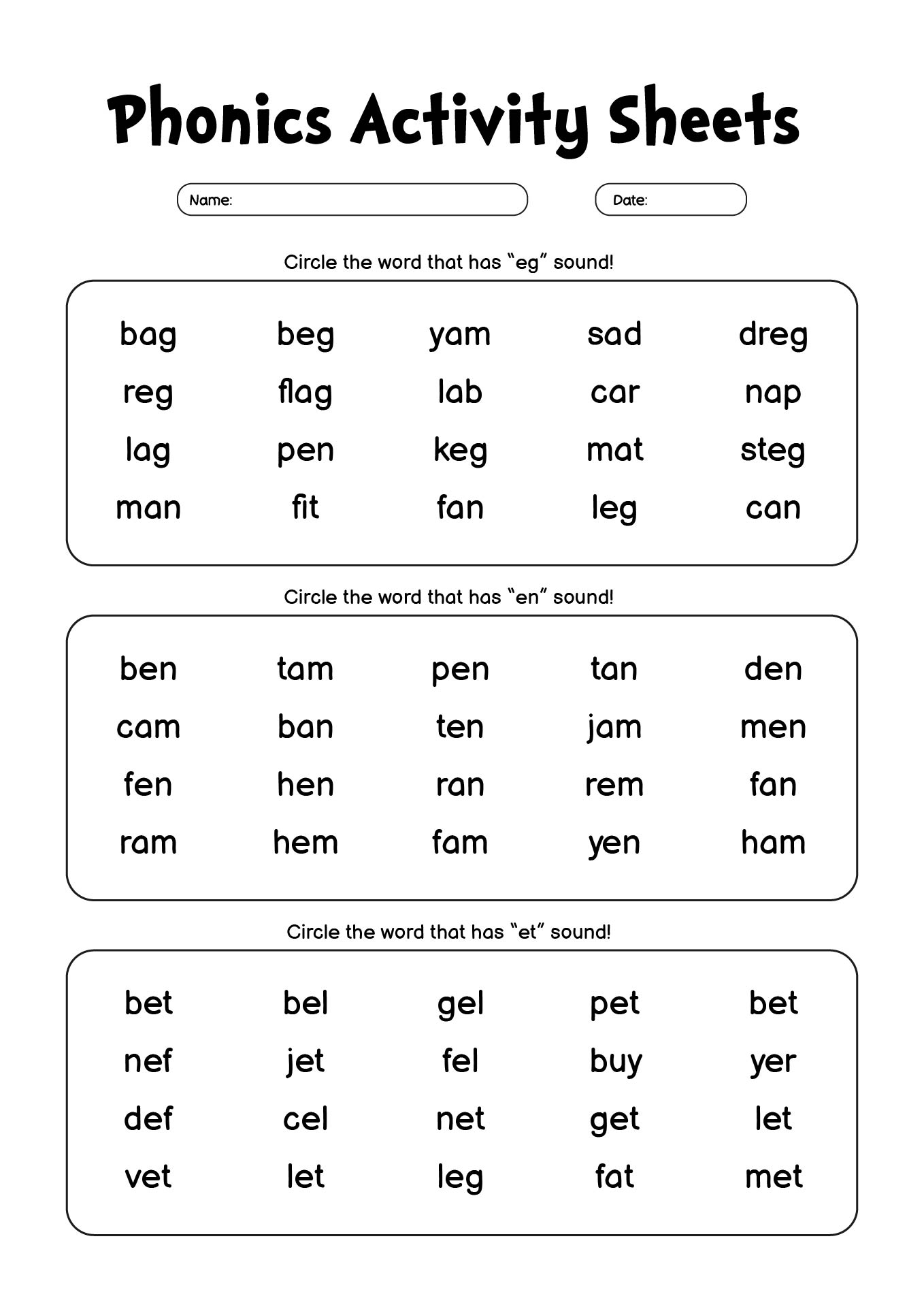 Phonics Activity Sheets for 1st Grade