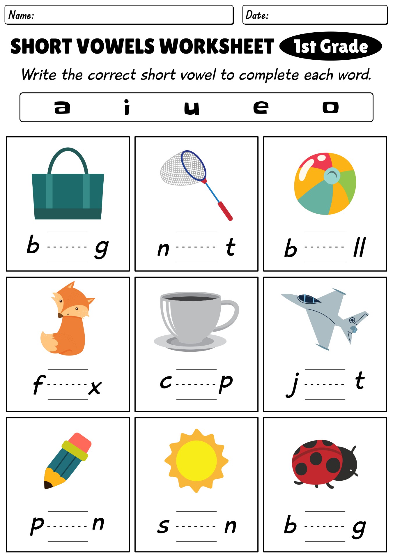 Phonics Short Vowels Practice Worksheets For 1st Graders