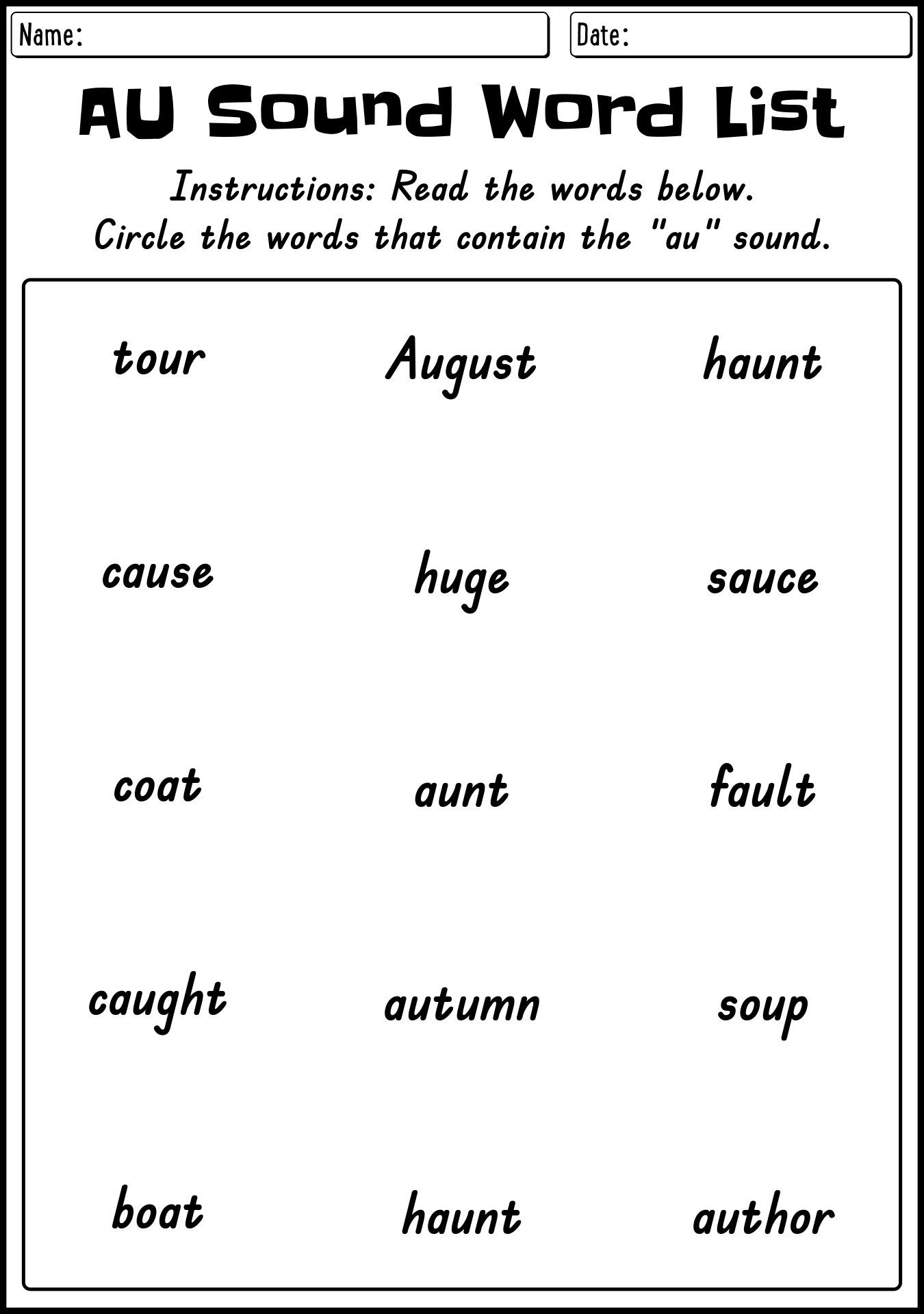 Printable AU Sound Phonics Worksheets