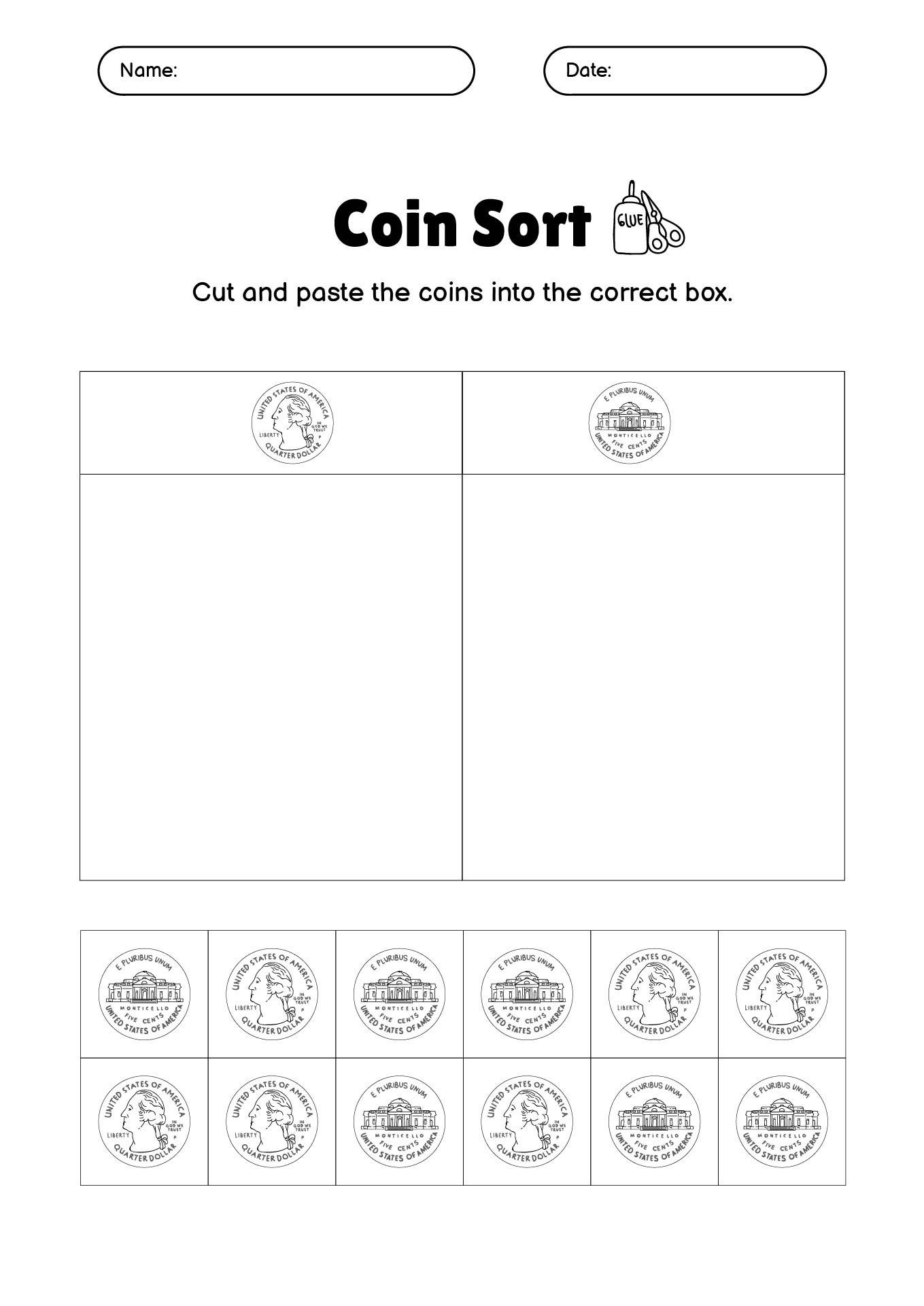 Printable First Grade Coin Sort Worksheets