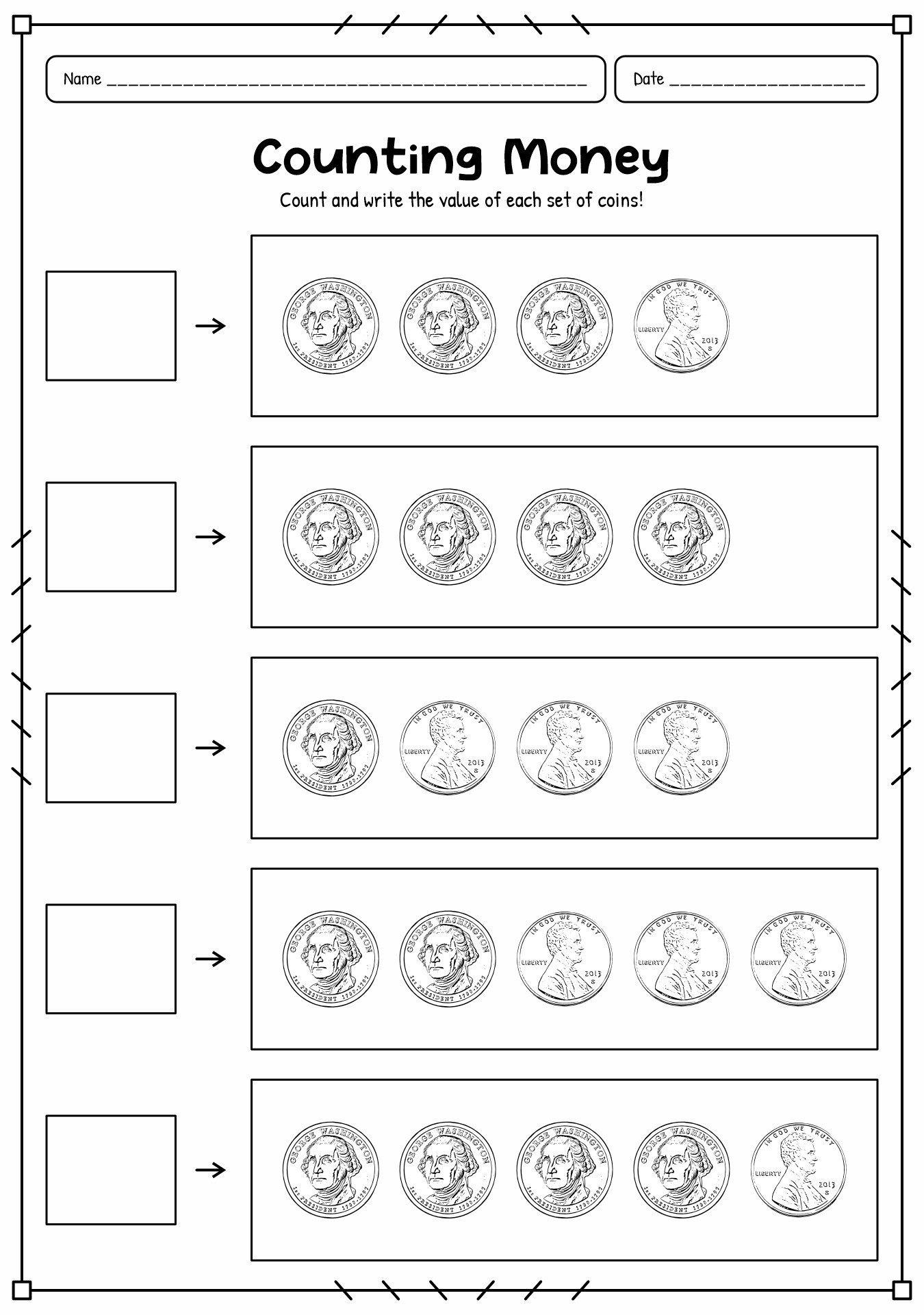 Printable First Grade Coin Value Activities