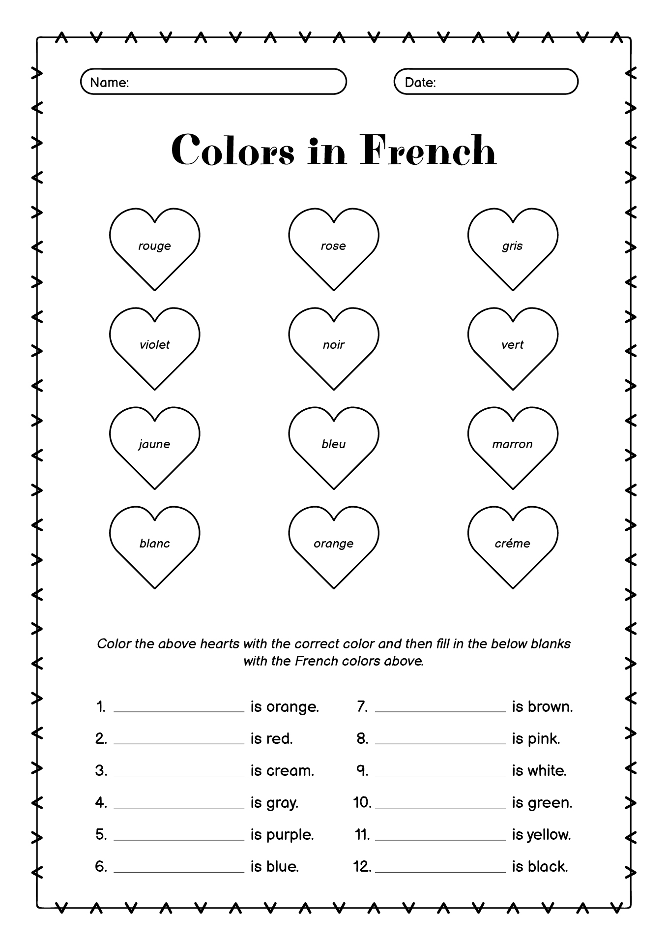 Printable French Colors Vocabulary Worksheet