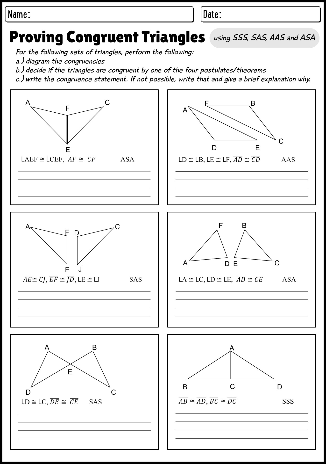 Proving Triangle Congruence Worksheets