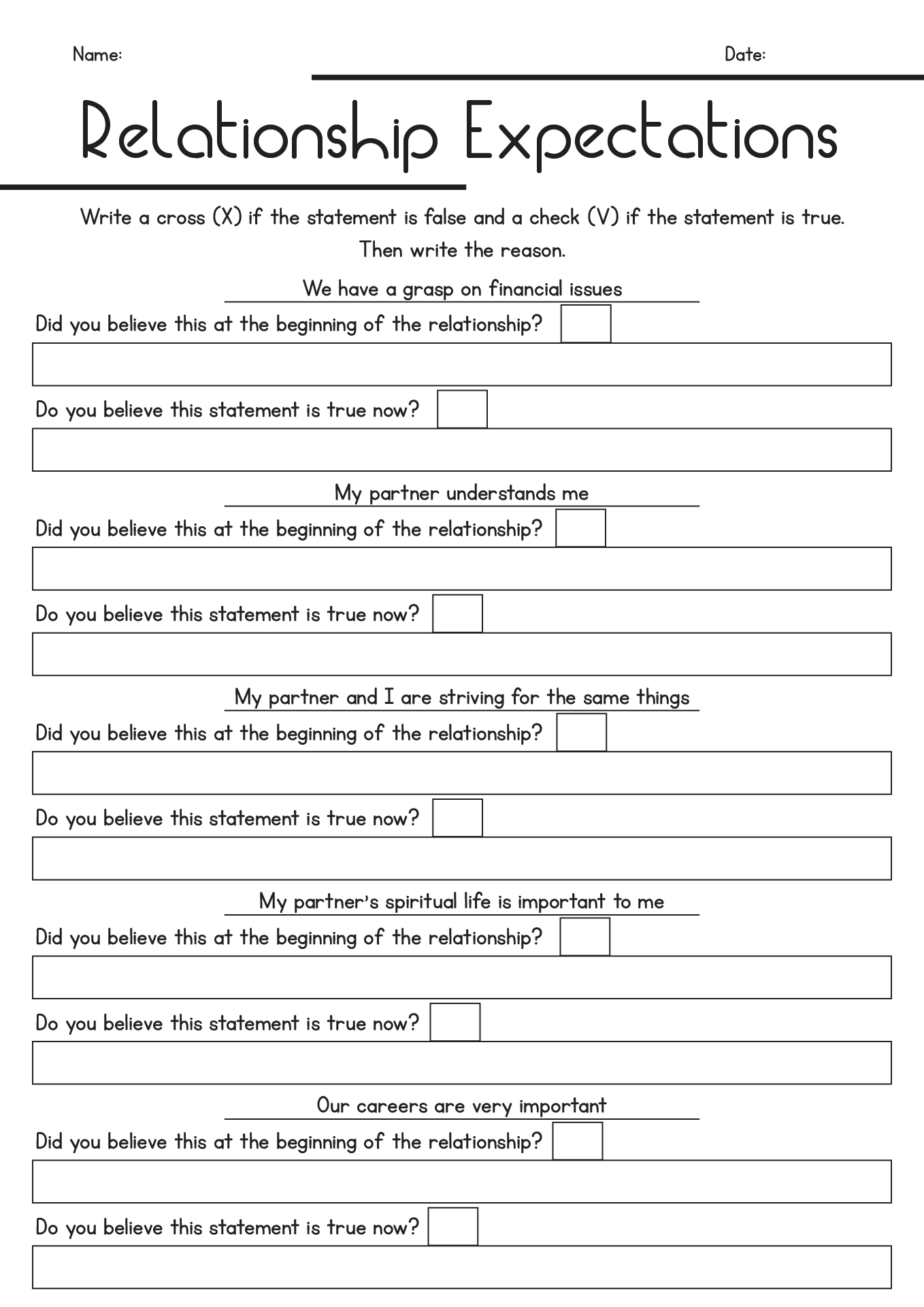 Relationship Expectations Worksheet