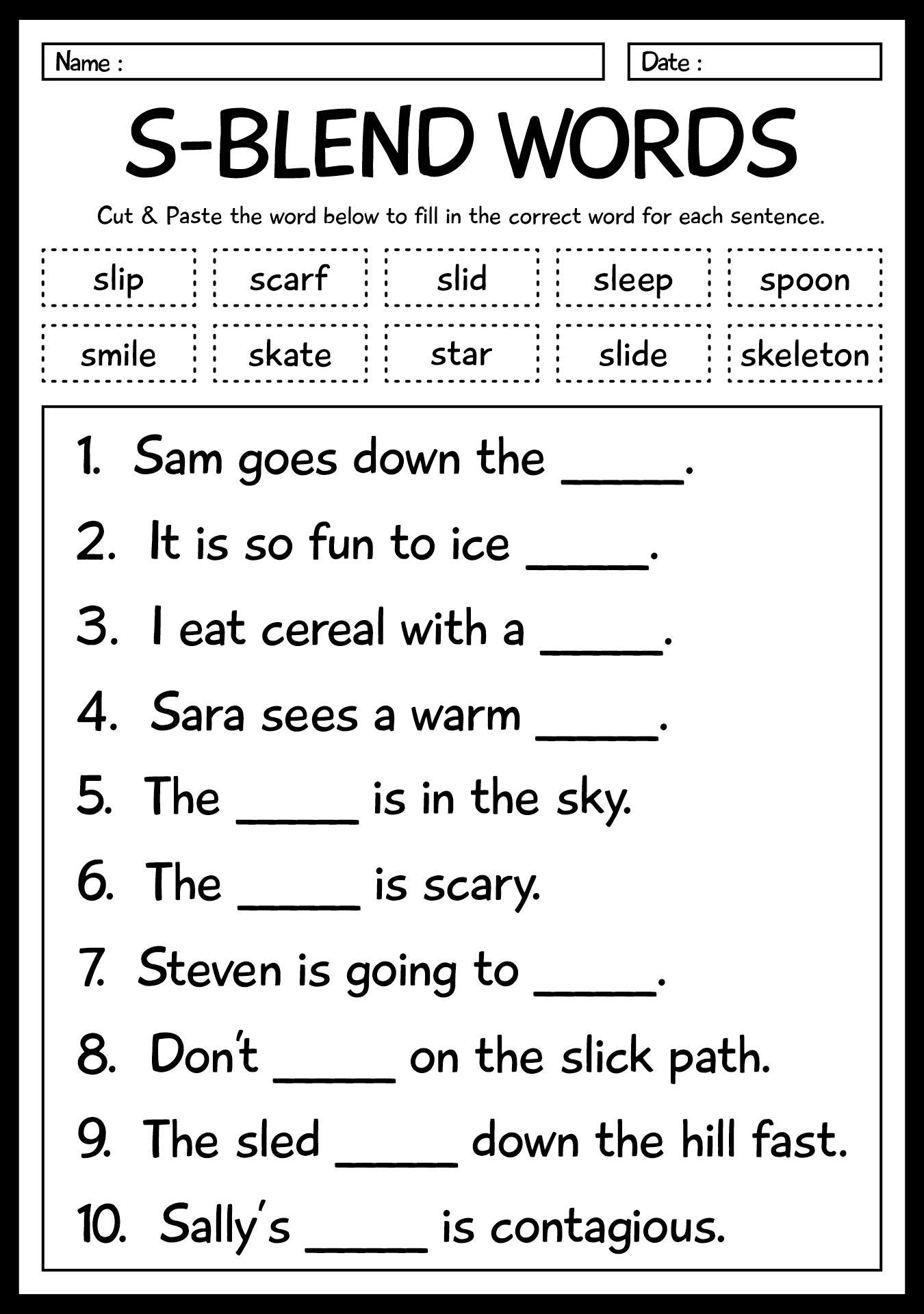 S Blends Cut and Paste for First Grade Worksheets