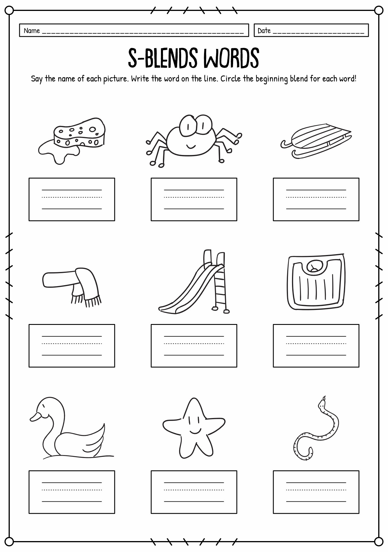 S-Blends Practice Sheets for First Grade Phonics