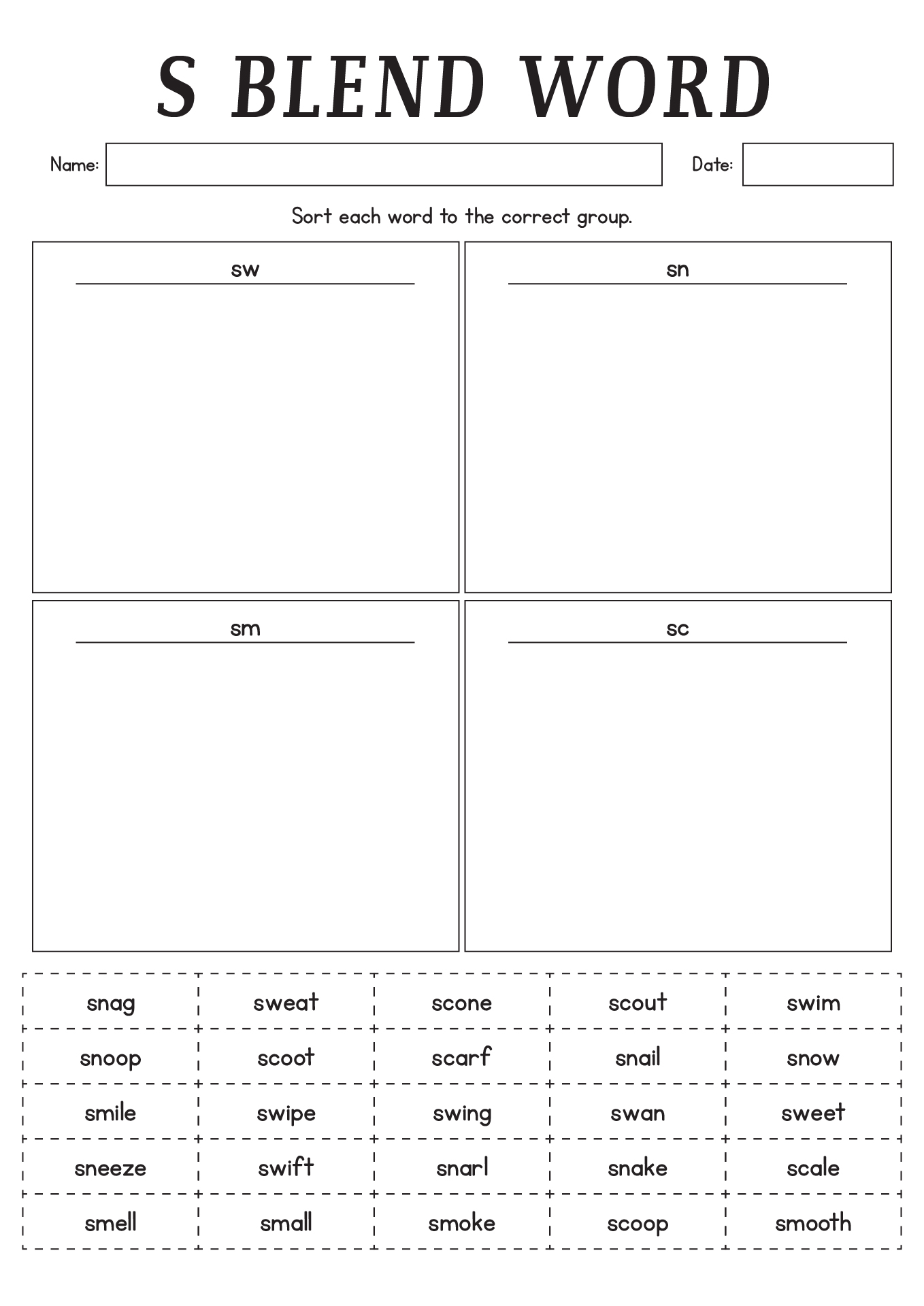 S-Blends Worksheets For First Grade Phonics