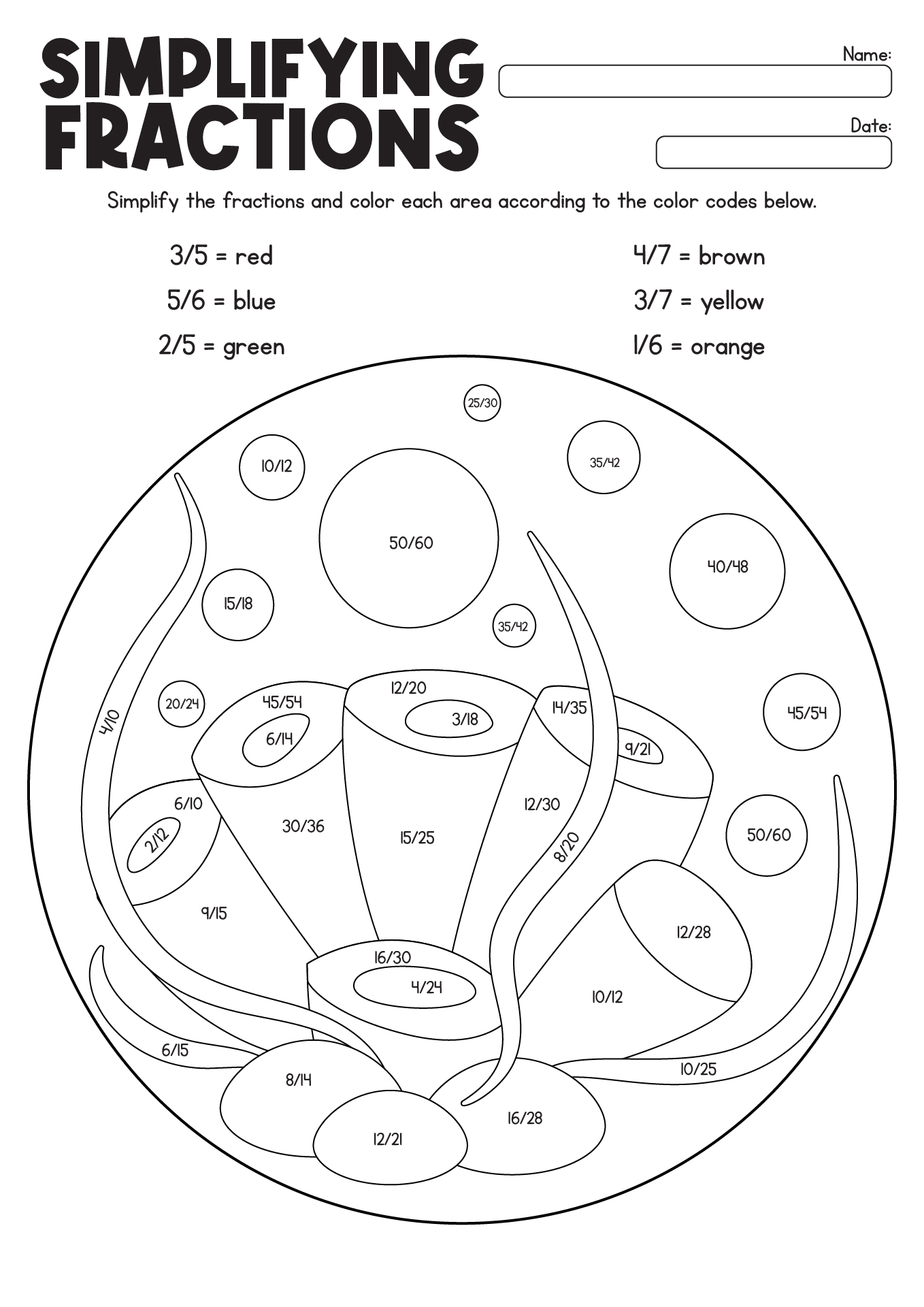 Simplifying Fractions Coloring Activities Worksheet