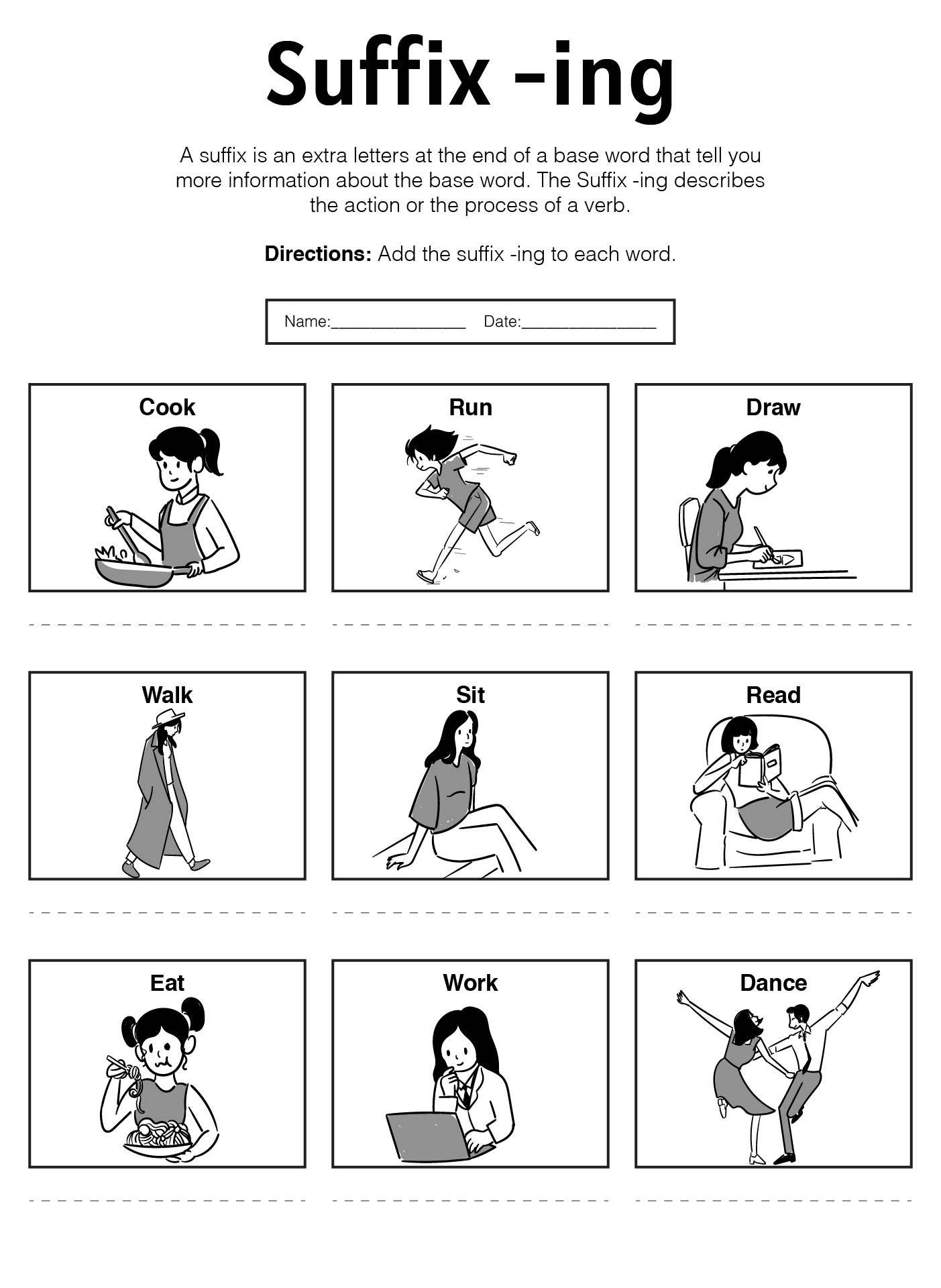 Suffix ING Skills Worksheets for First Grade