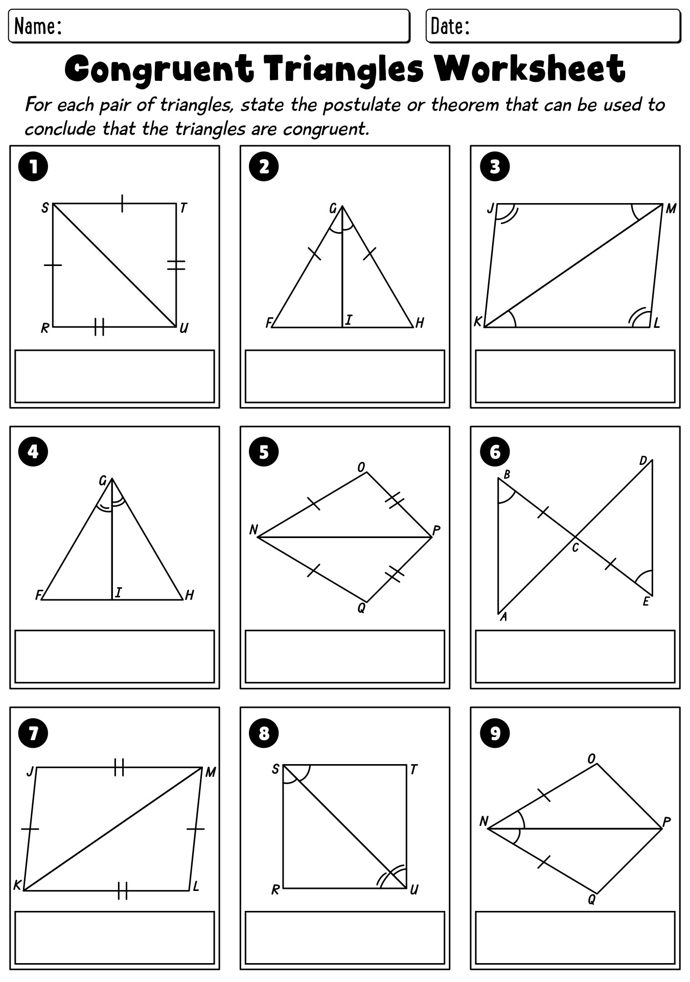 Triangle Congruence Theorems Practice Worksheet