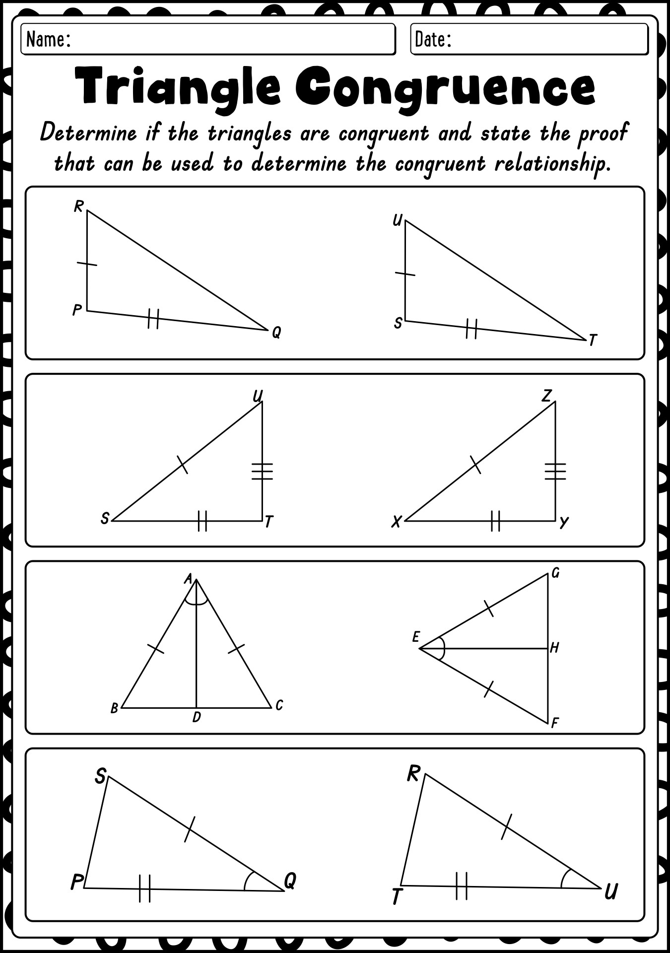 Triangle Congruence Theorems Worksheet Classwork