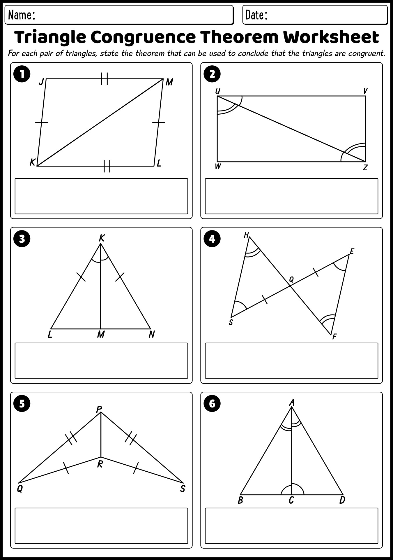 Triangle Congruence Theorems Worksheet