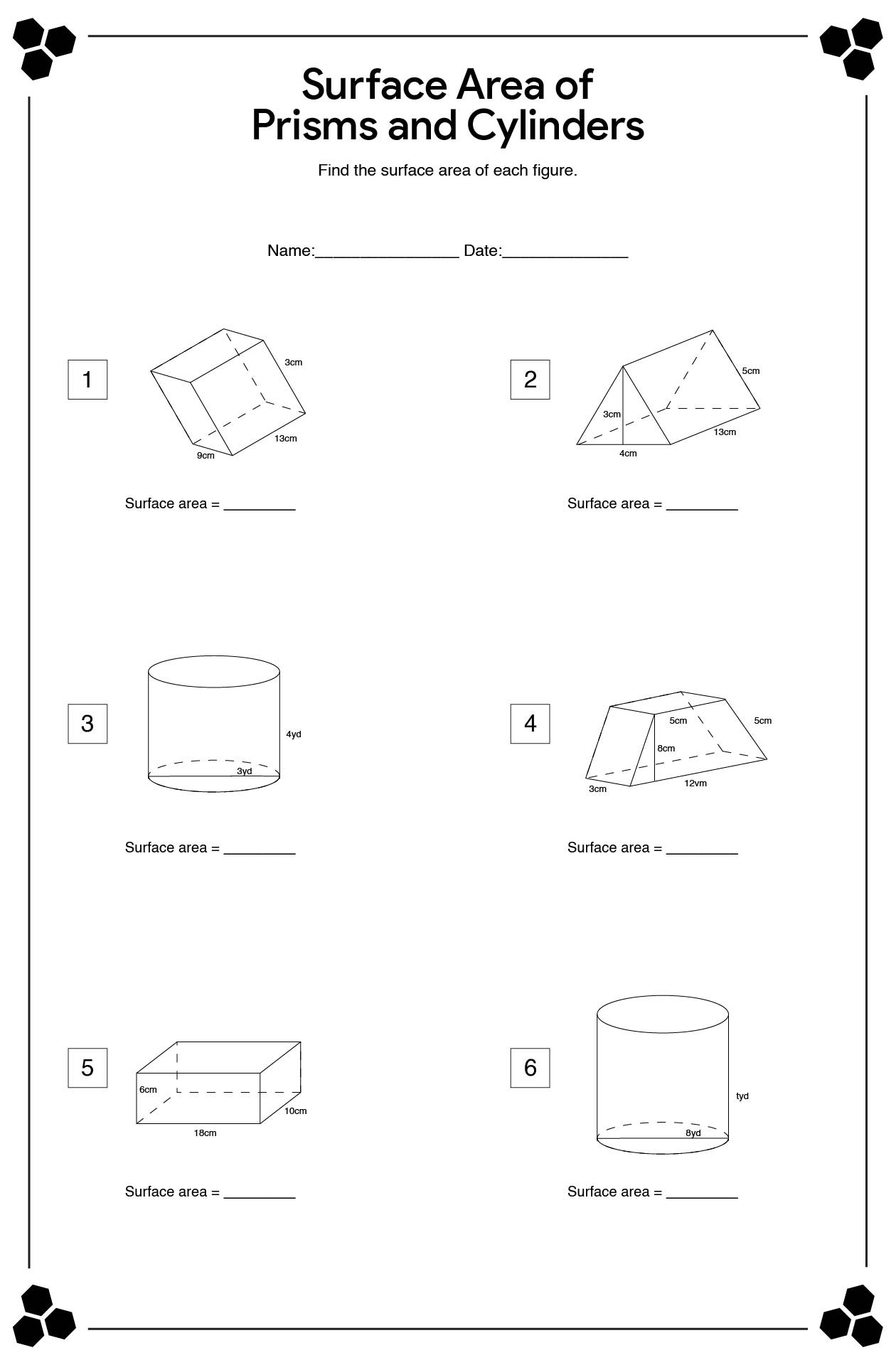 Volume and Surface Area Review Exercises Grade 6