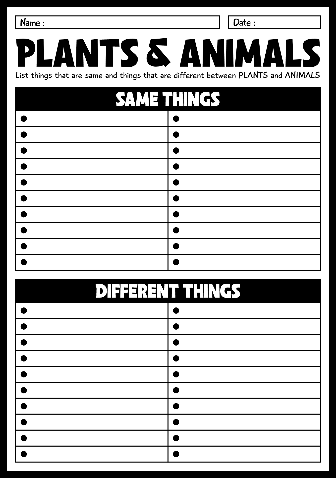 1st Grade Worksheets on Plants and Animals