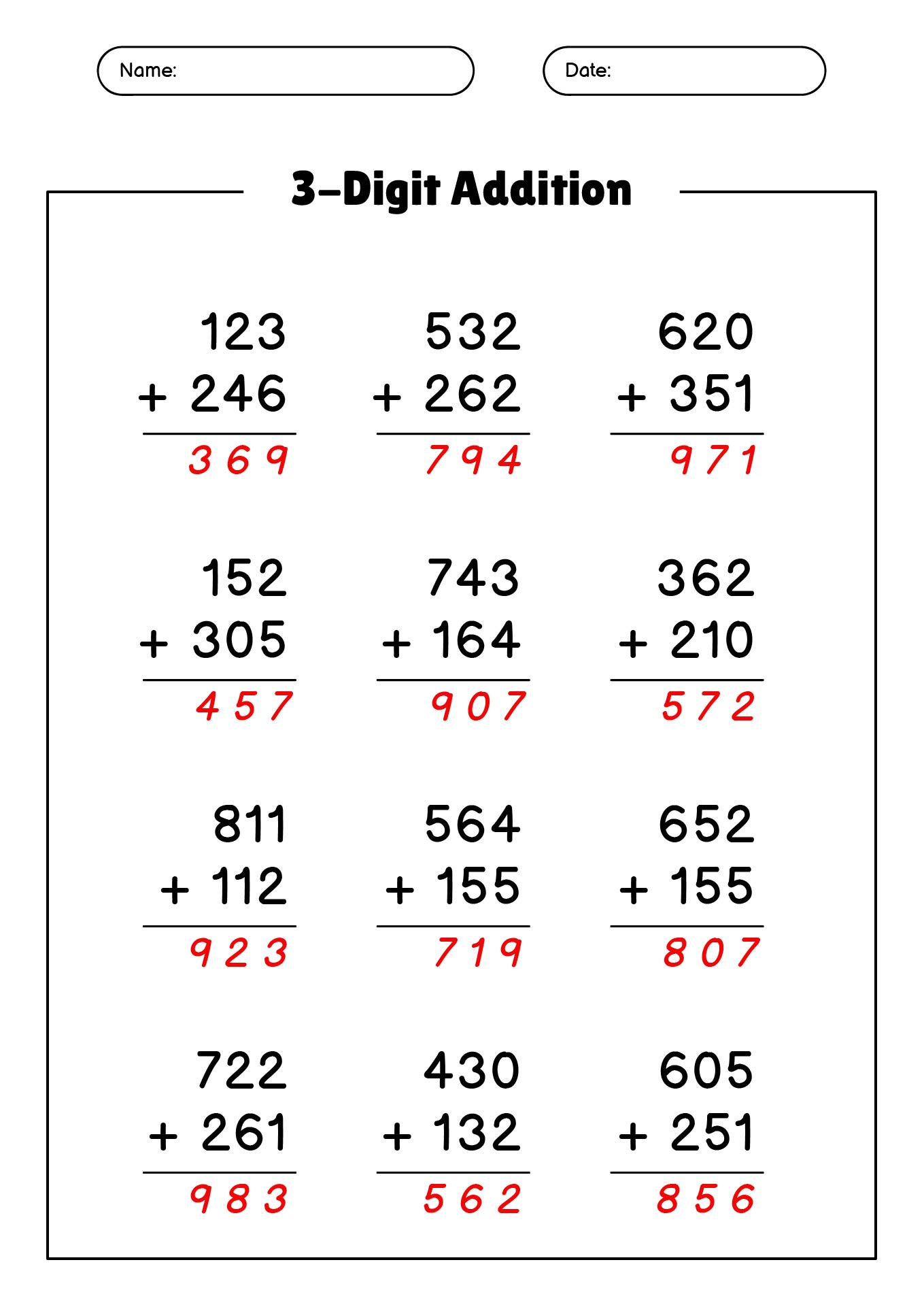 3 Digit Addition Worksheets with Answer Key