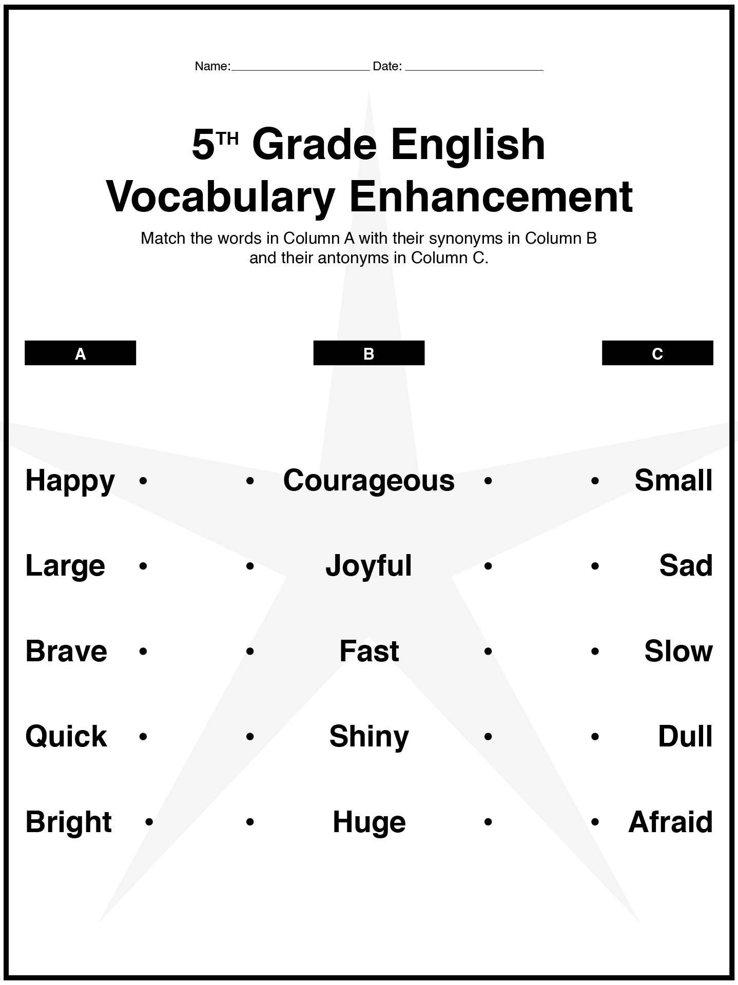 5th Grade English Vocabulary Enhancement Worksheets Printable