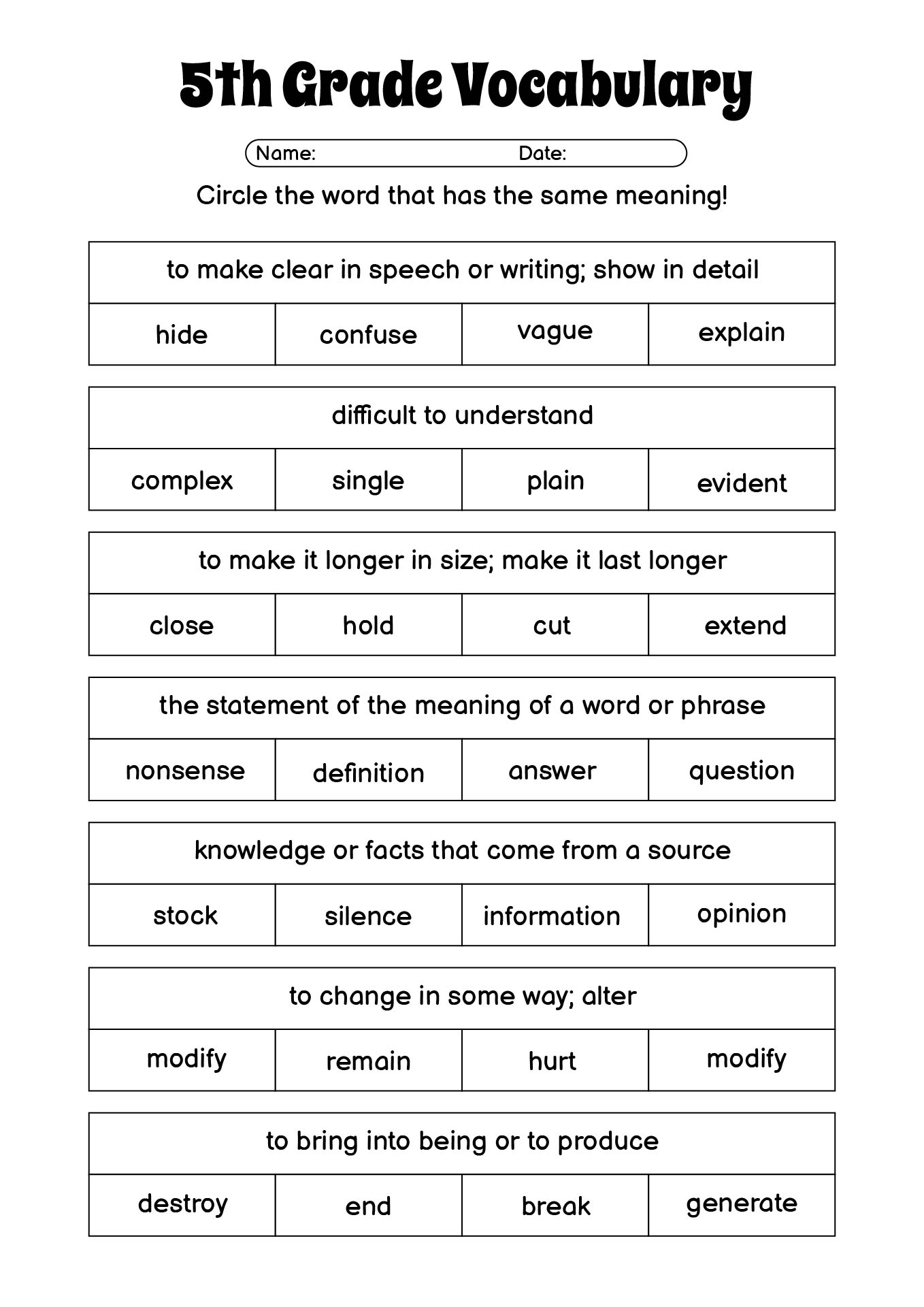 5th Grade Vocabulary Exercises Online