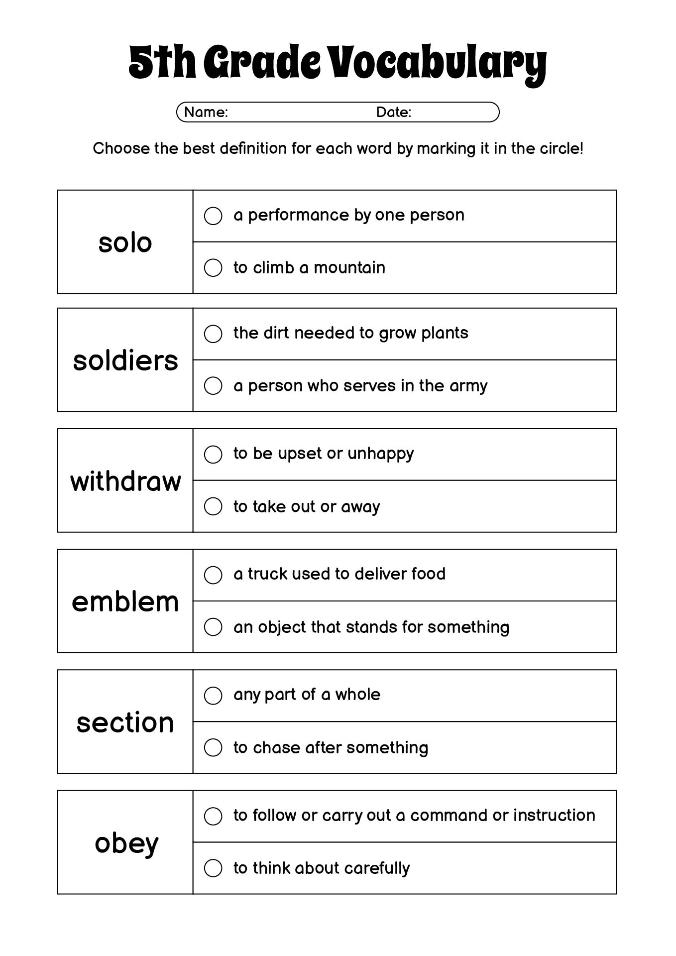 5th Grade Vocabulary Worksheets for Students