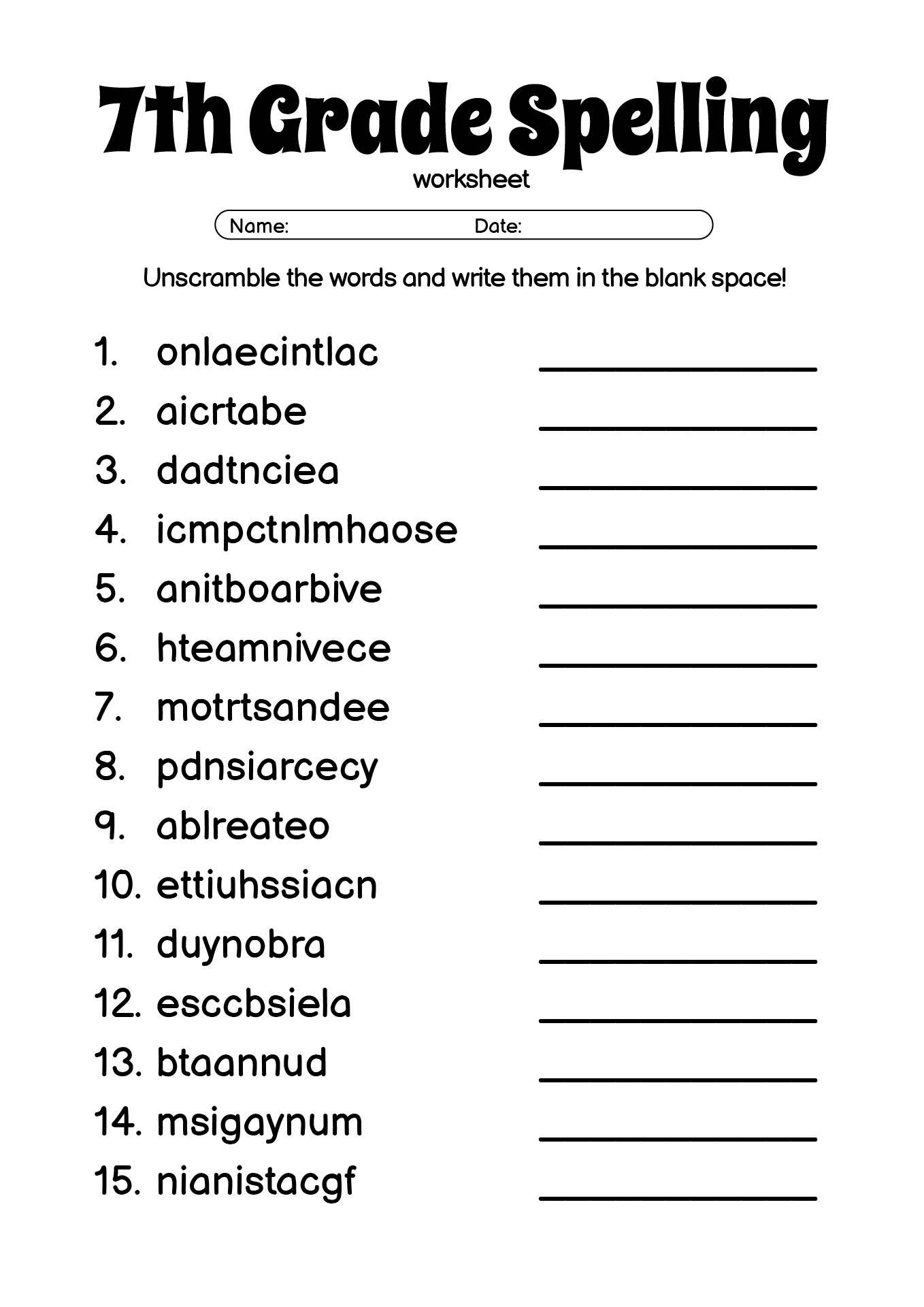 7th Grade Spelling Practice Worksheets