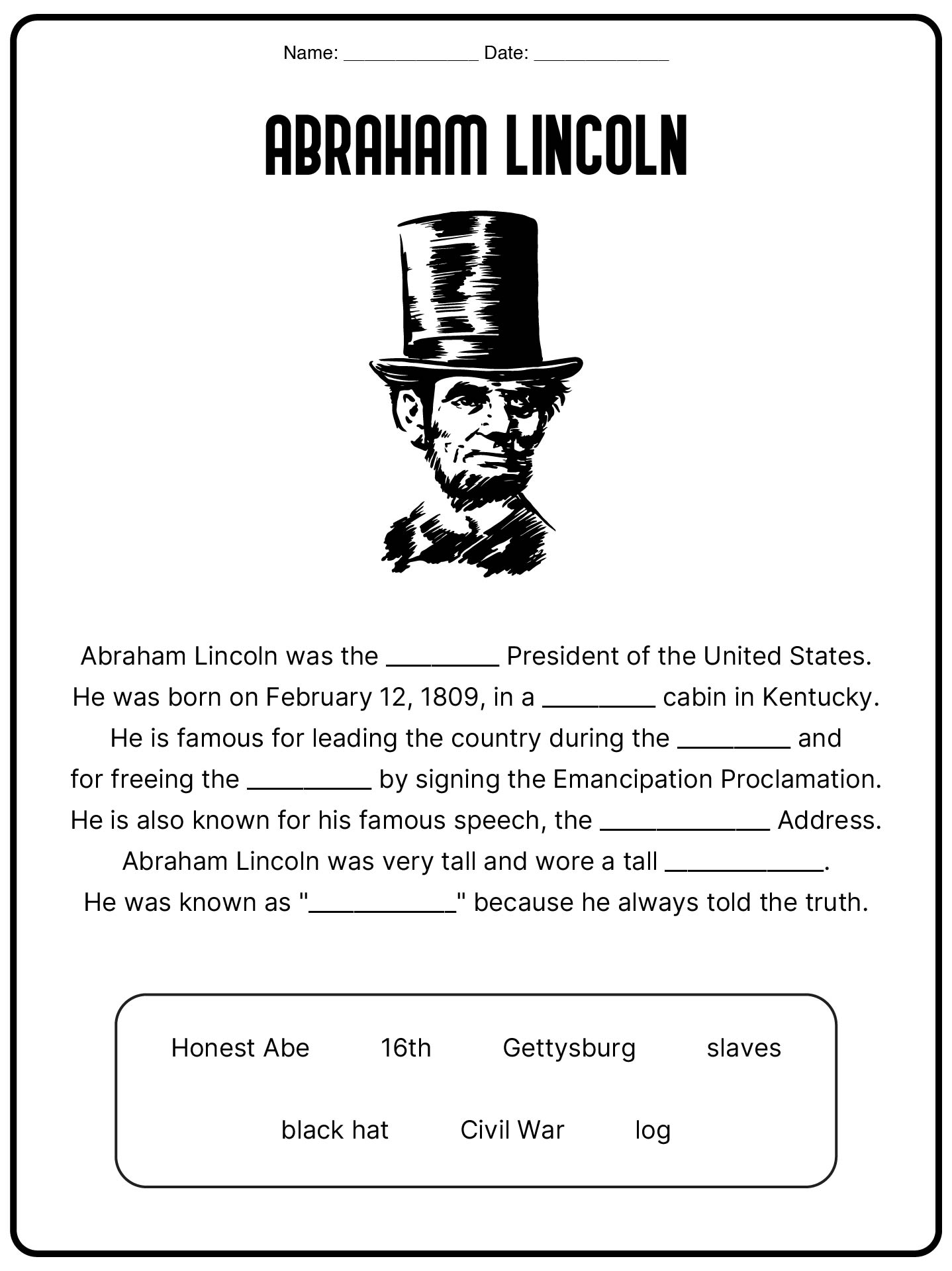 Abraham Lincoln Biography Worksheet for First Grade