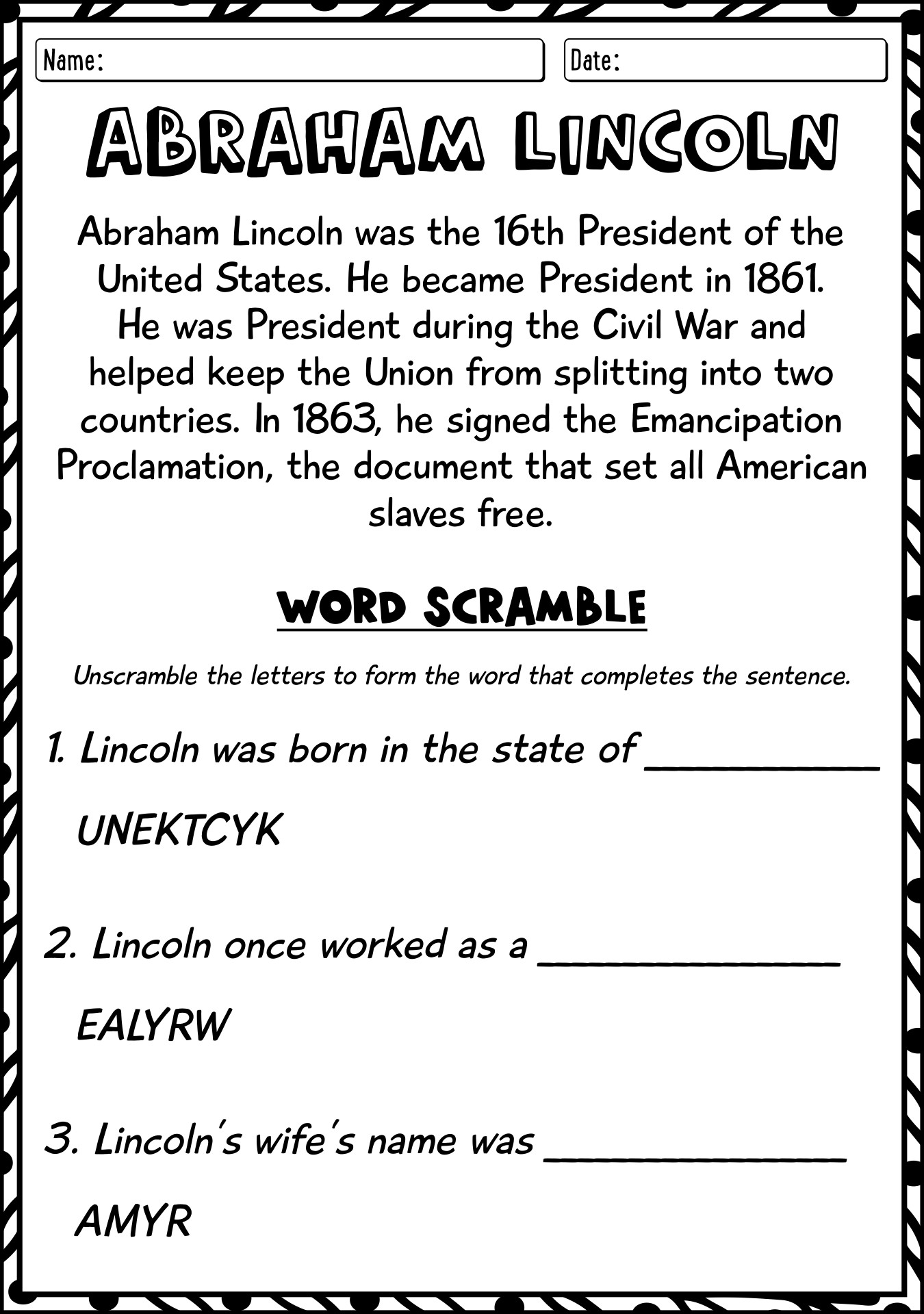 Abraham Lincoln History Worksheet for First Grade