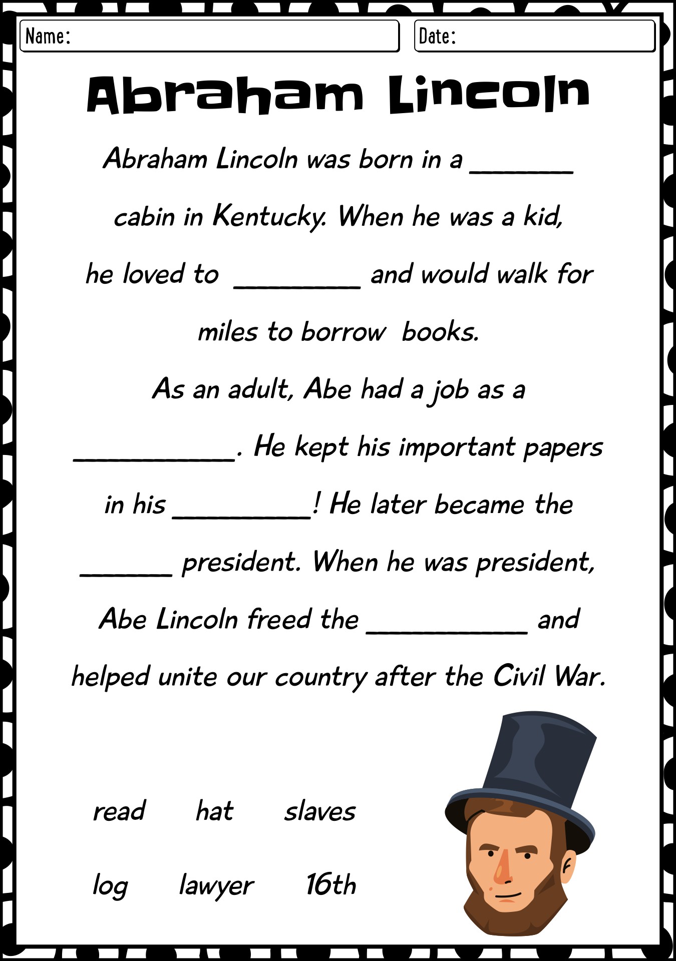 Abraham Lincoln Reading Worksheet 1st Grade