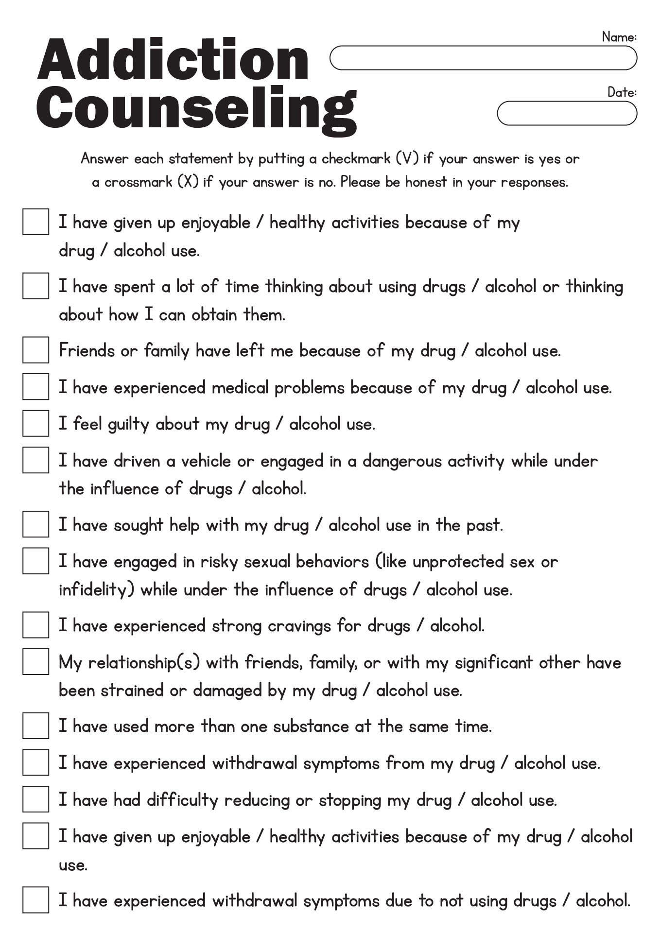 Addiction Counseling Worksheets Printable