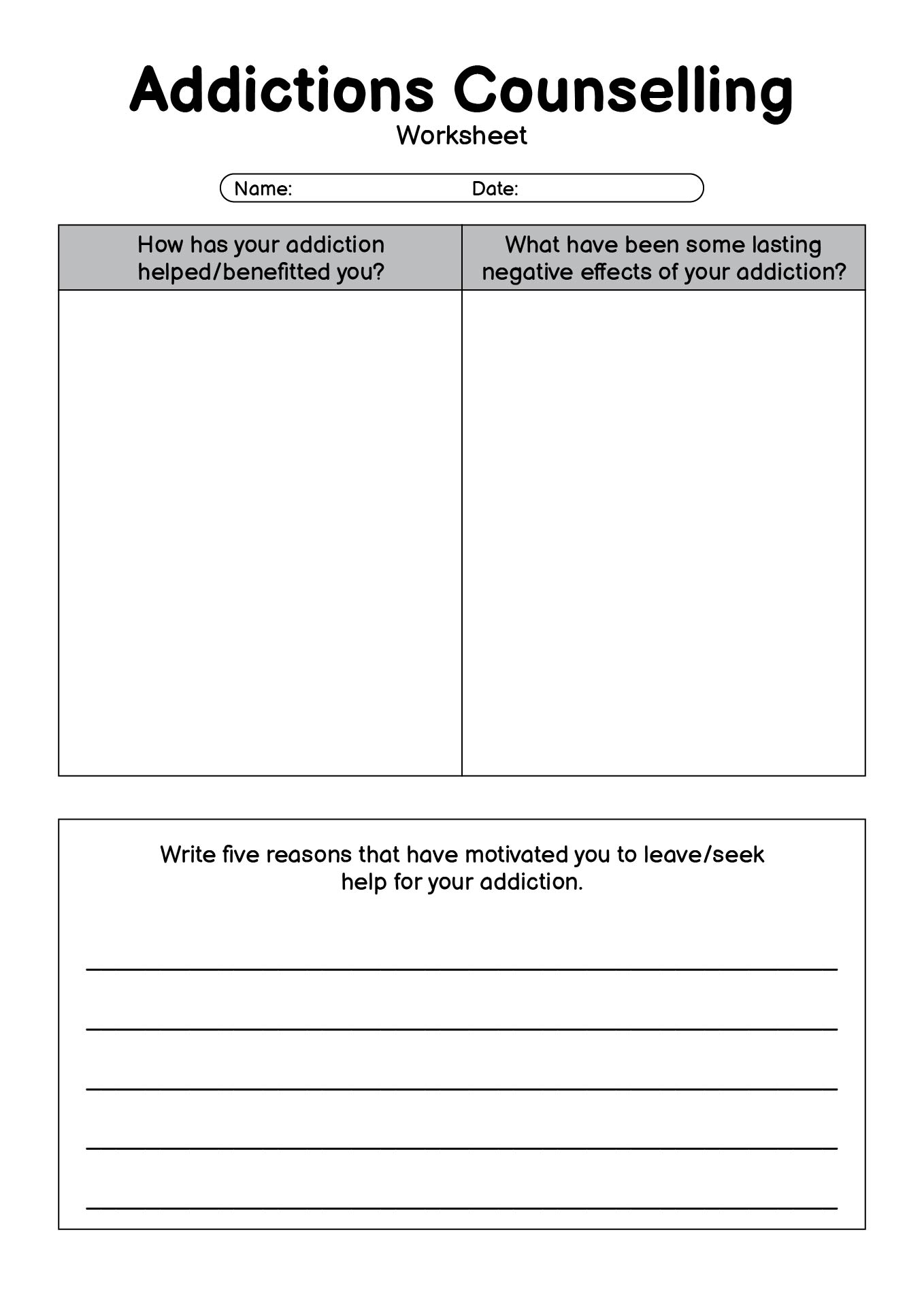 Addictions Counselling Worksheet