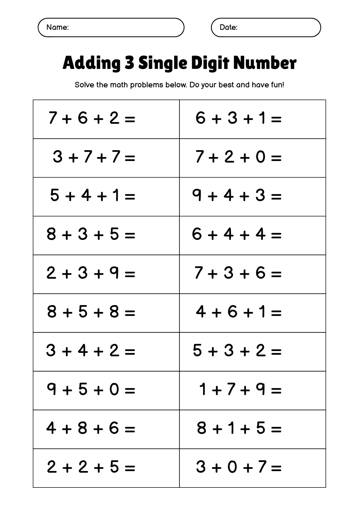 Adding Three One-Digit Numbers Worksheet