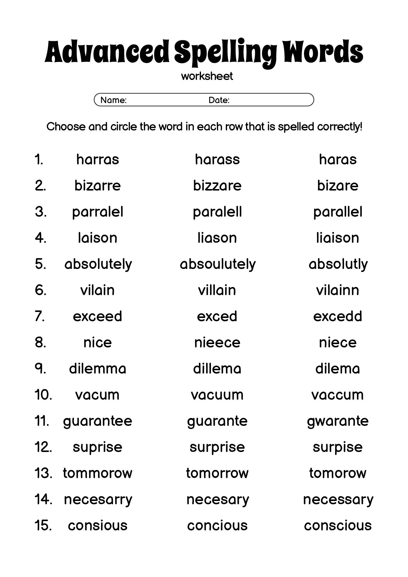 Advanced Spelling Words Worksheets for Grade 7