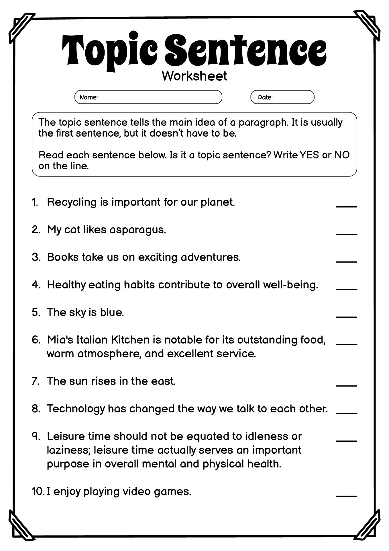 Advanced Writing Paragraph Topic Sentence Exercises