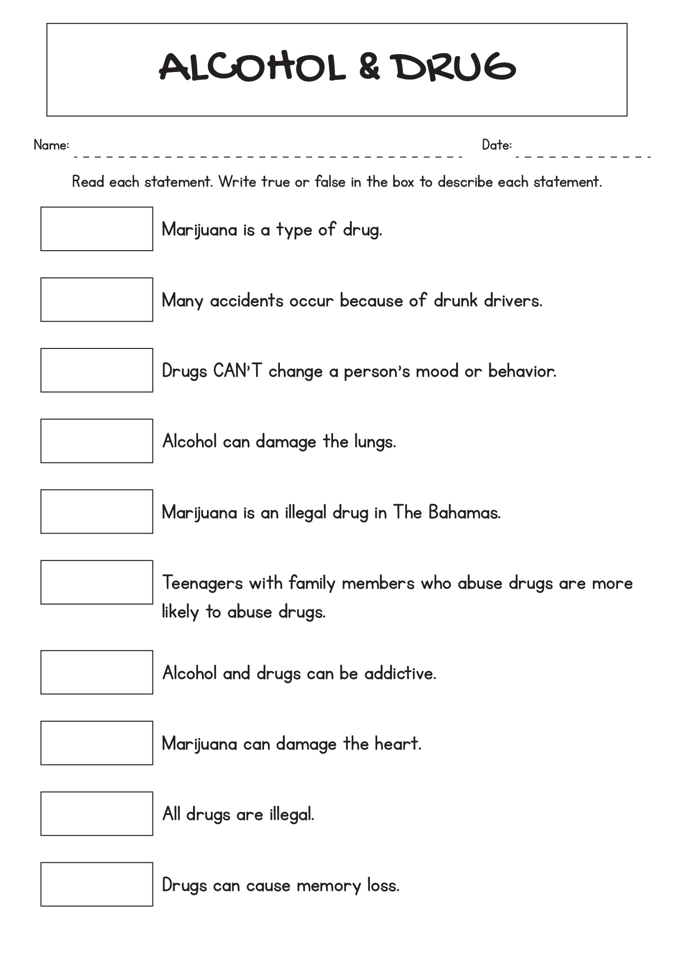 Alcohol And Drug Education Worksheets Printable