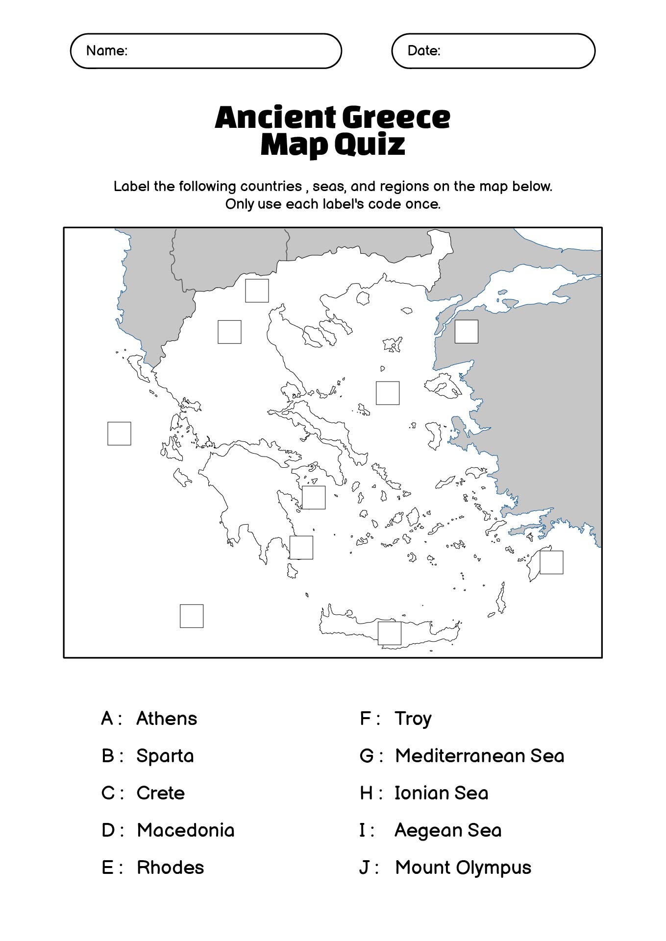 Ancient Greece Map Quiz Worksheet