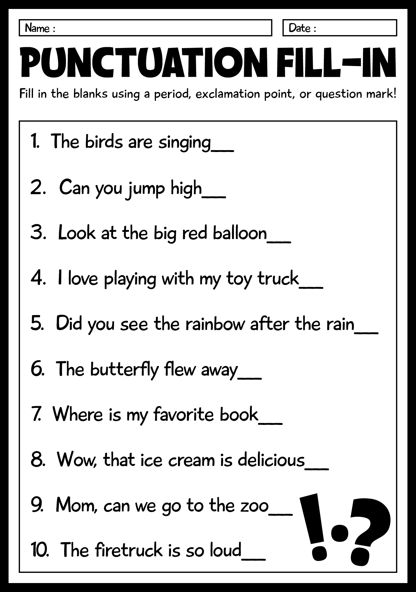 Basic Punctuation Test Worksheets for Grade 1